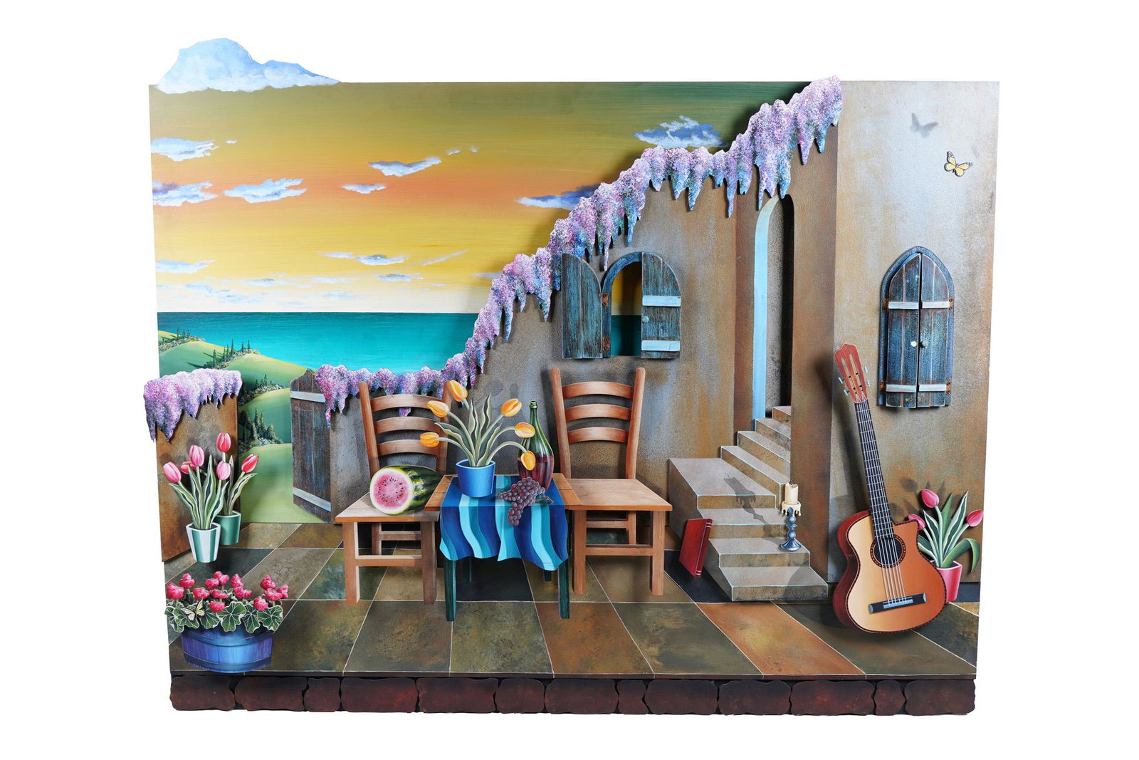 SCHUBERT: THREE-DIMENSIONAL WALL SCULPTURE OF OCEAN &: painted plywood signed lower right 49 1/2 x 64 inches