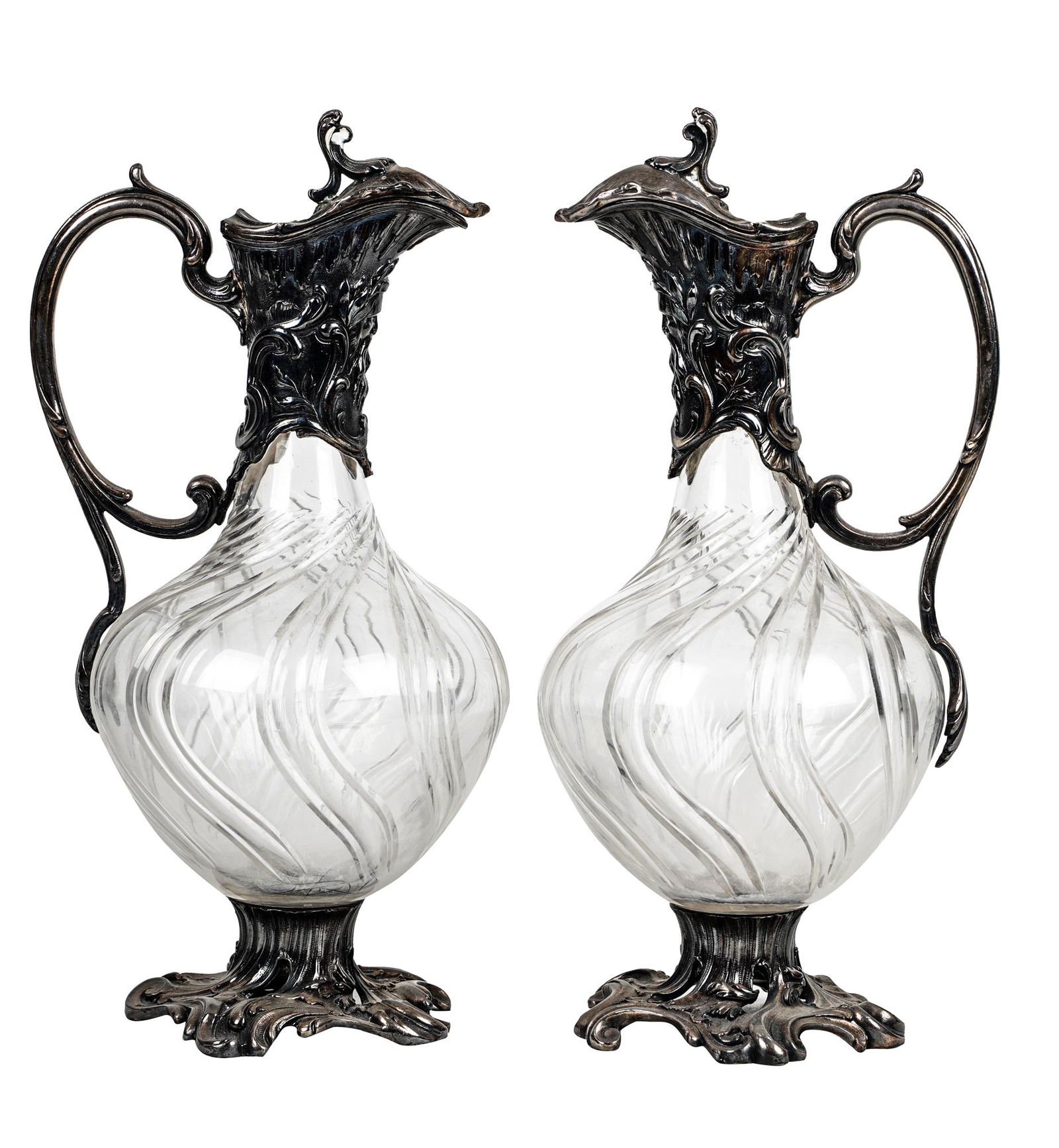 TWO SILVERPLATE AND GLASS EWERS (1 of 15)