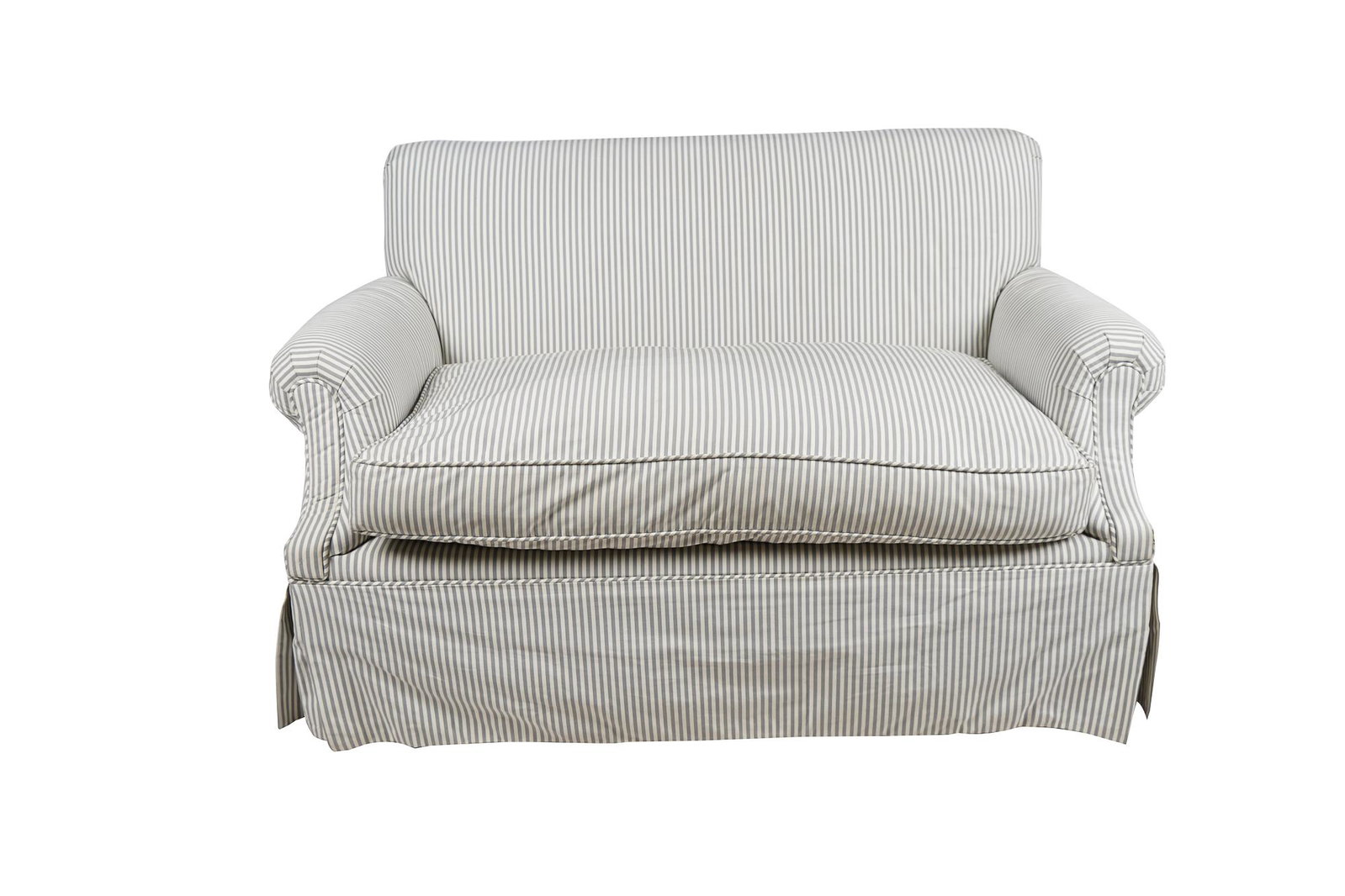 STRIPED UPHOLSTERED LOVESEAT: 50 inches wide; 25 inches deep; 30 1/2 inches high