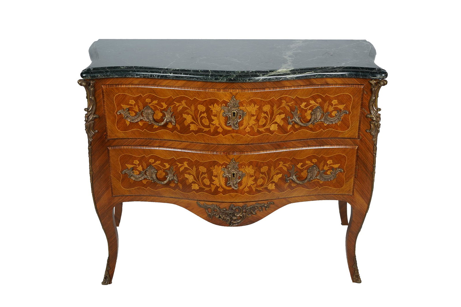 MARQUETRY-INLAID MARBLE TOP COMMODE: mid-20th century, with illegible handwritten signature to each drawer Condition: good with one small loss to veneer on front. A loss of veneer to one foot. Minor chipping to veneer on another leg. Mar
