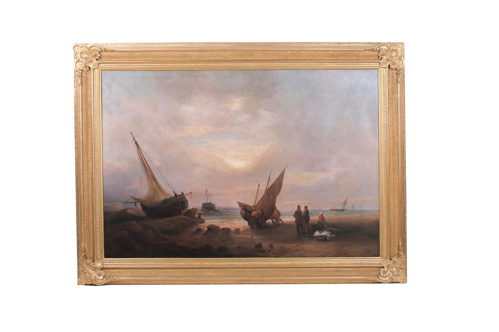 DUTCH SCHOOL , SHIPS BY THE COAST: o/c relined on canvas 36 x 54 inches
