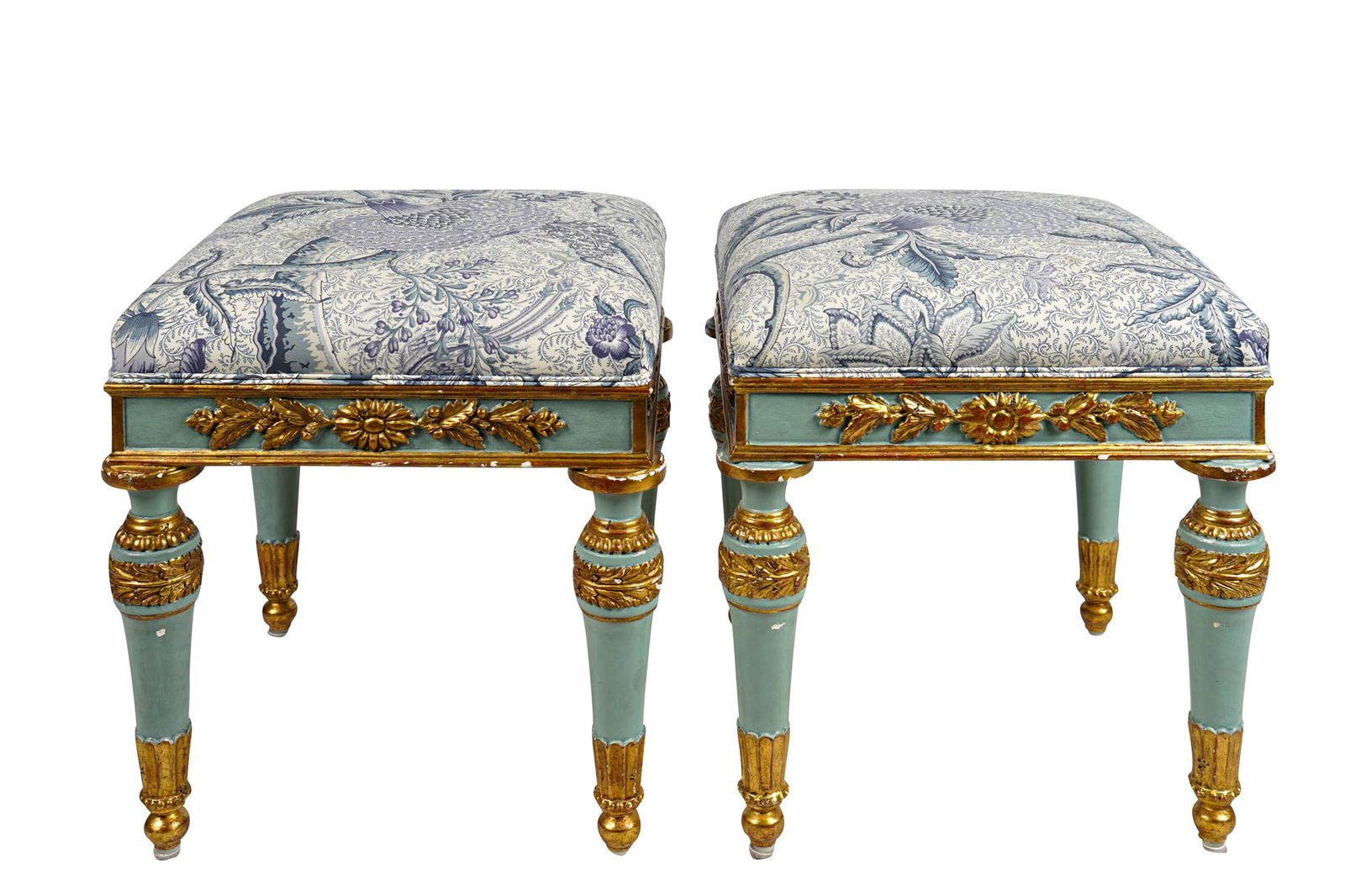 PAIR OF NEOCLASSIC STYLE PAINTED & PARCEL GILT STOOLS (1 of 9)