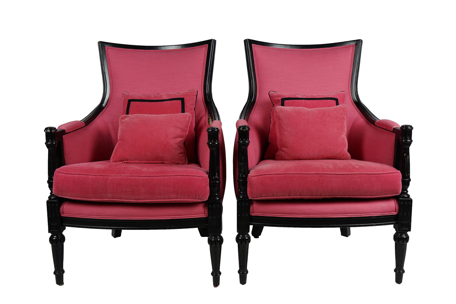PAIR OF BLACK PAINTED BERGERES: with loose corduroy seat cushion 25 1/2 inches wide; 28 inches deep; 37 1/2 inches high