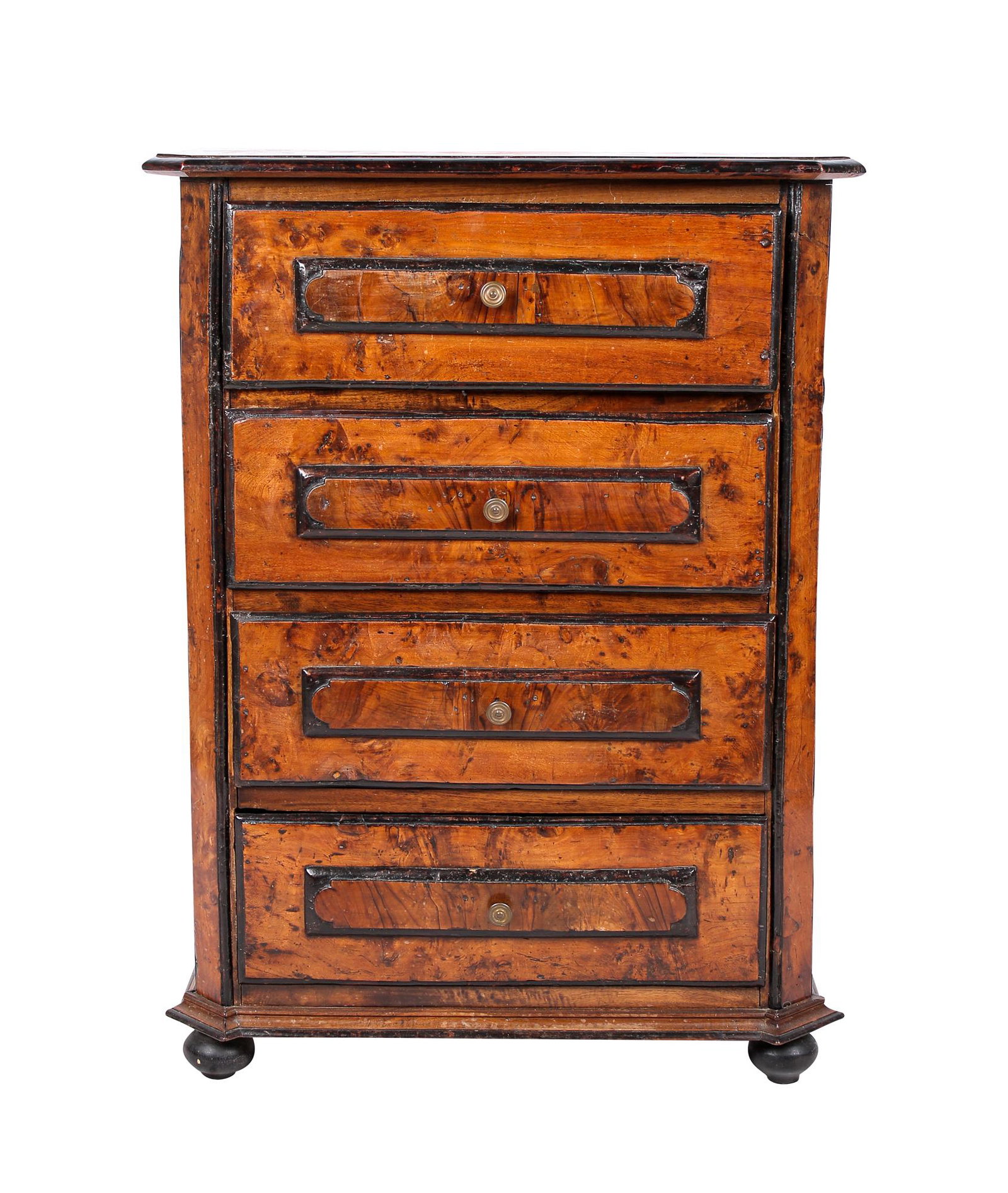 ITALIAN BAROQUE WALNUT & EBONIZED NARROW CHEST OF: Condition: scattered nicks and scratches commensurate with age 27 1/2 inches wide; 12 3/4 inches deep; 37 inches high