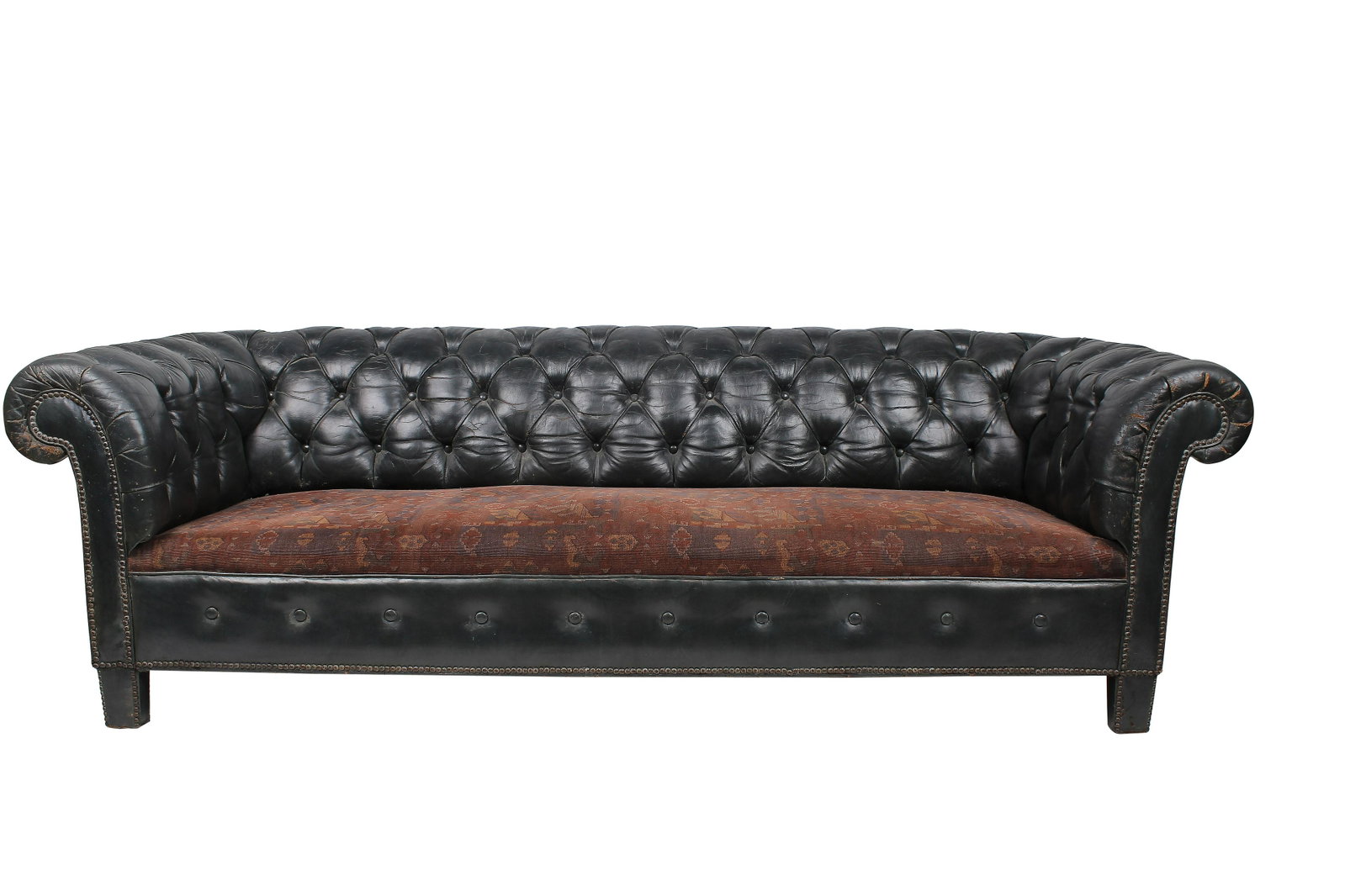 GREY-BLUE LEATHER CHESTERFIELD SOFA: with a tapestry upholstered seat Condition: with wear throughout 88 inches wide; 34 inches deep; 27 inches high