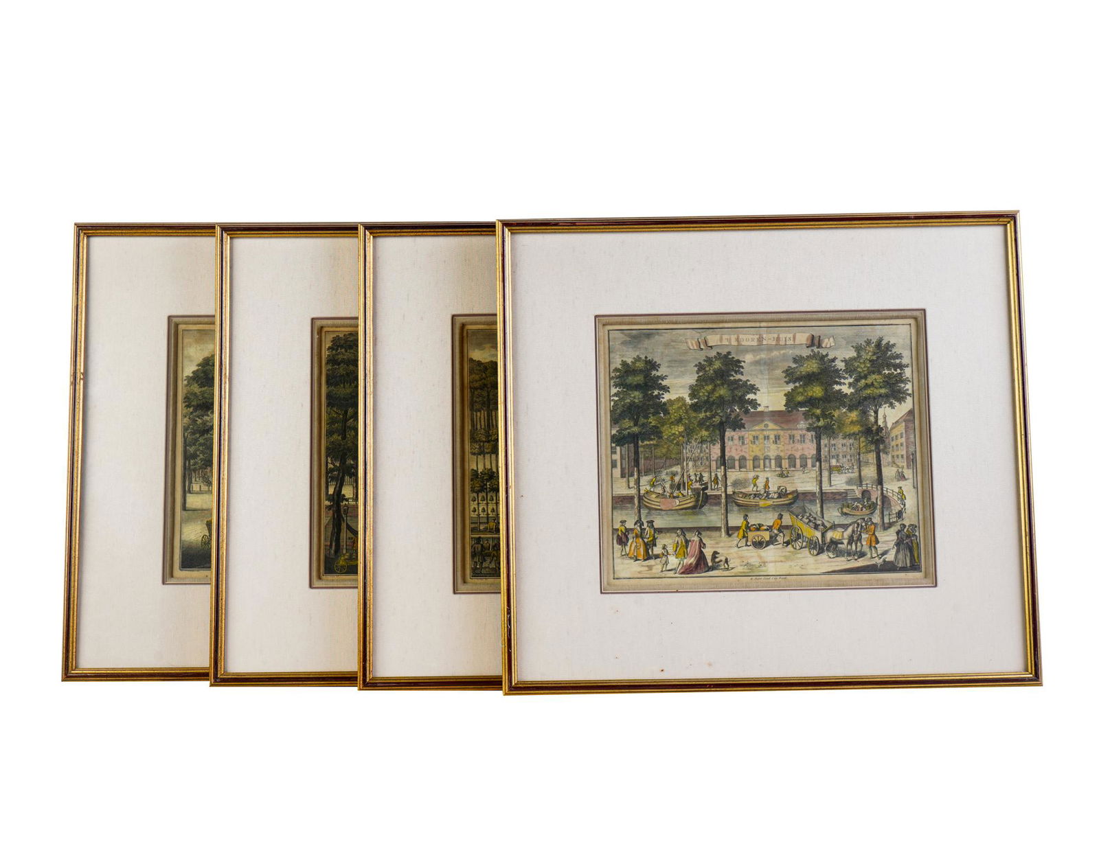 DUTCH SCHOOL: "FOUR WORKS": colored engravings each titled with inscriptions sight: 11 1/2 x 14 inches; frame: 21 x 23 1/4 inches