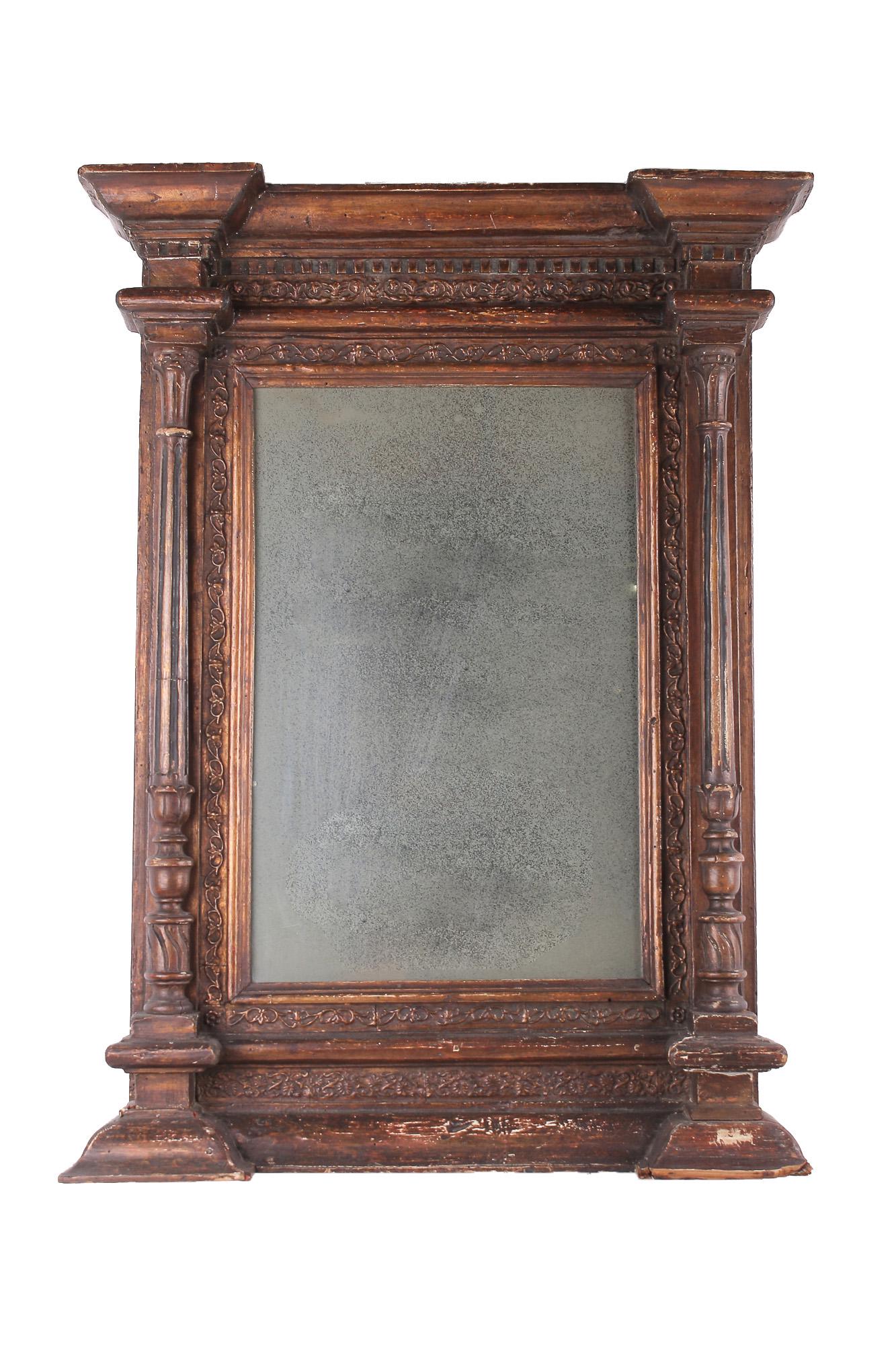 ITALIAN BAROQUE PAINTED FRAME: with a mirrored plate added at later date Condition: minor loss of gesso throughout 36 3/4 x 29 1/2 inches