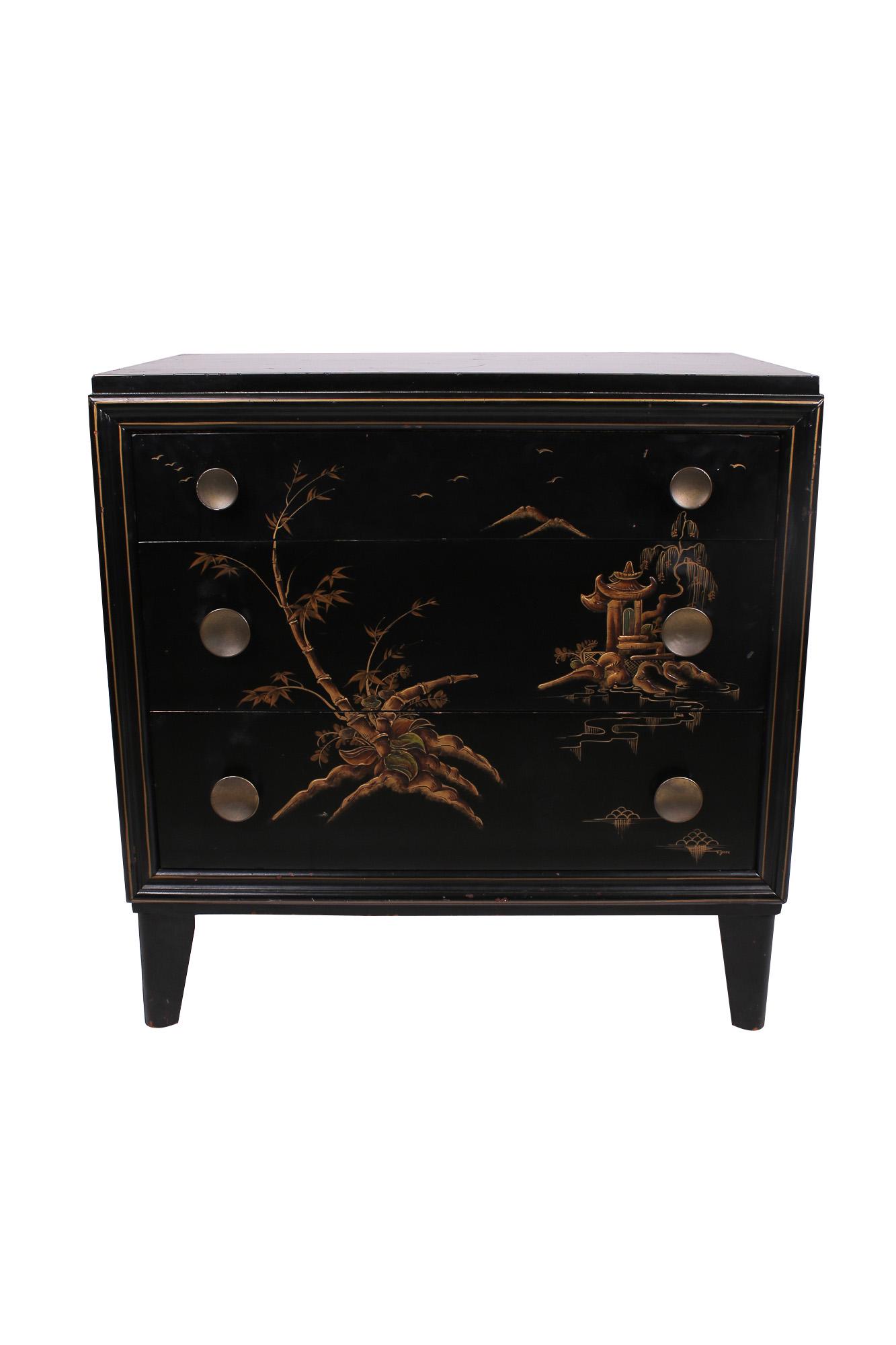 PAIR OF ASIAN STYLE LACQUERED COMMODES: mid-20th century each with three drawers Condition: scattered marks, scratches and minor losses and wear to surfaces commensurate with age and use. 32 1/2 inches wide; 20 1/2 inches deep; 33 1/2 inche
