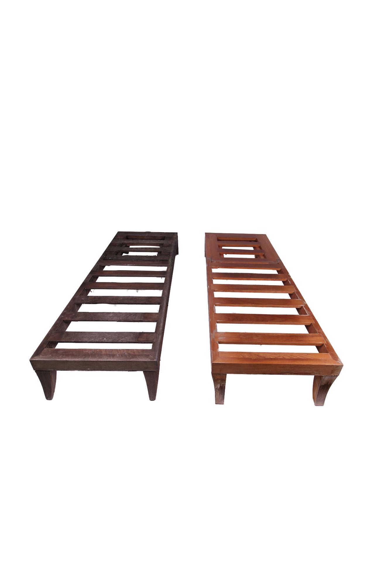 MICHAEL TAYLOR: SET OF THIRTEEN CHAISES: comprising ten singles and three doubles Condition: worn, with exposure to elements; with two cushions 84 inches long