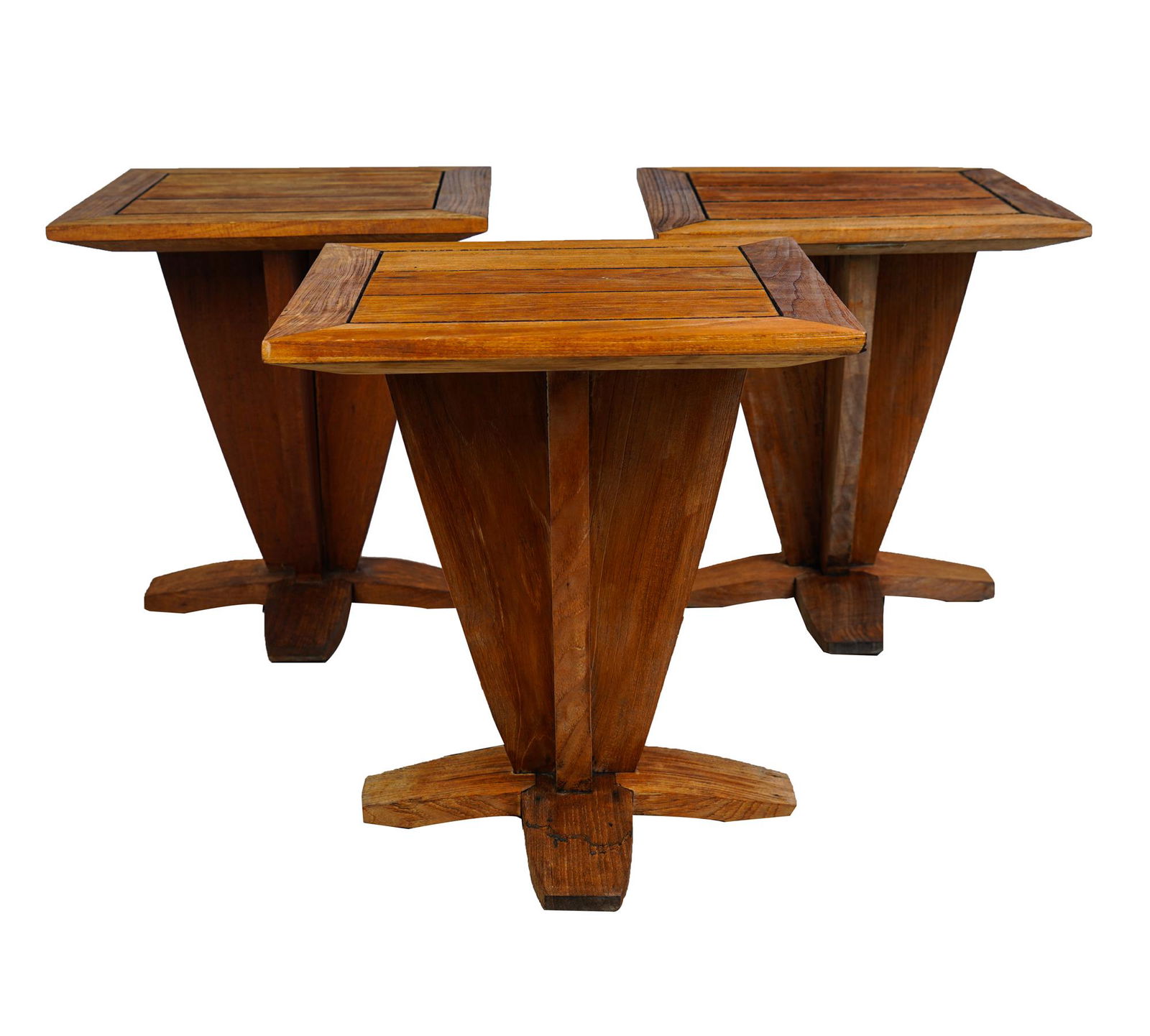MICHAEL TAYLOR: THREE TEAK END TABLES: three matching 18 inches square; 20 inches high