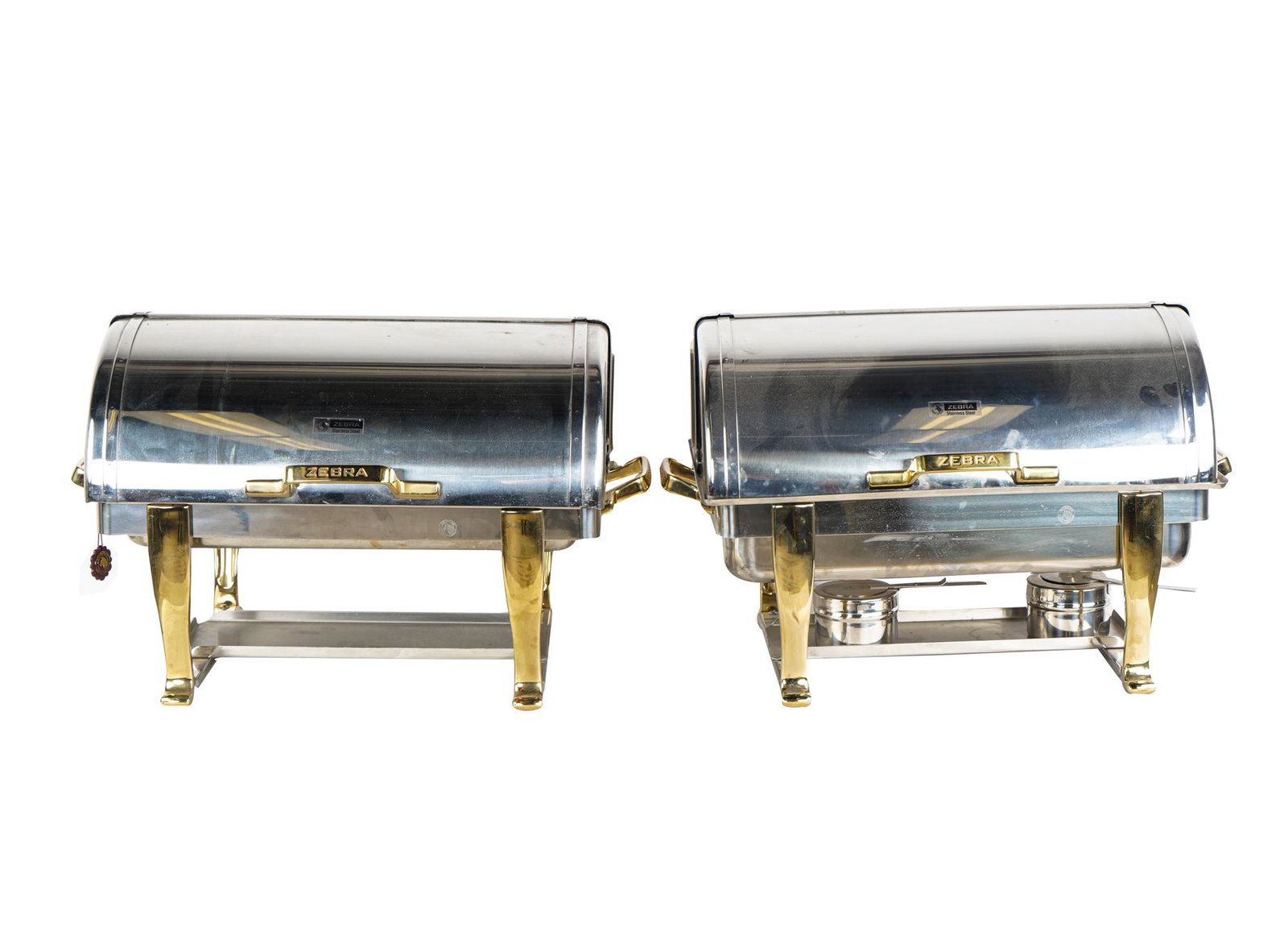 SET OF FOUR ZEBRA BRASS & STEEL CHAFING DISHES: 24 inches wide; 14 inches deep; 16 inches high