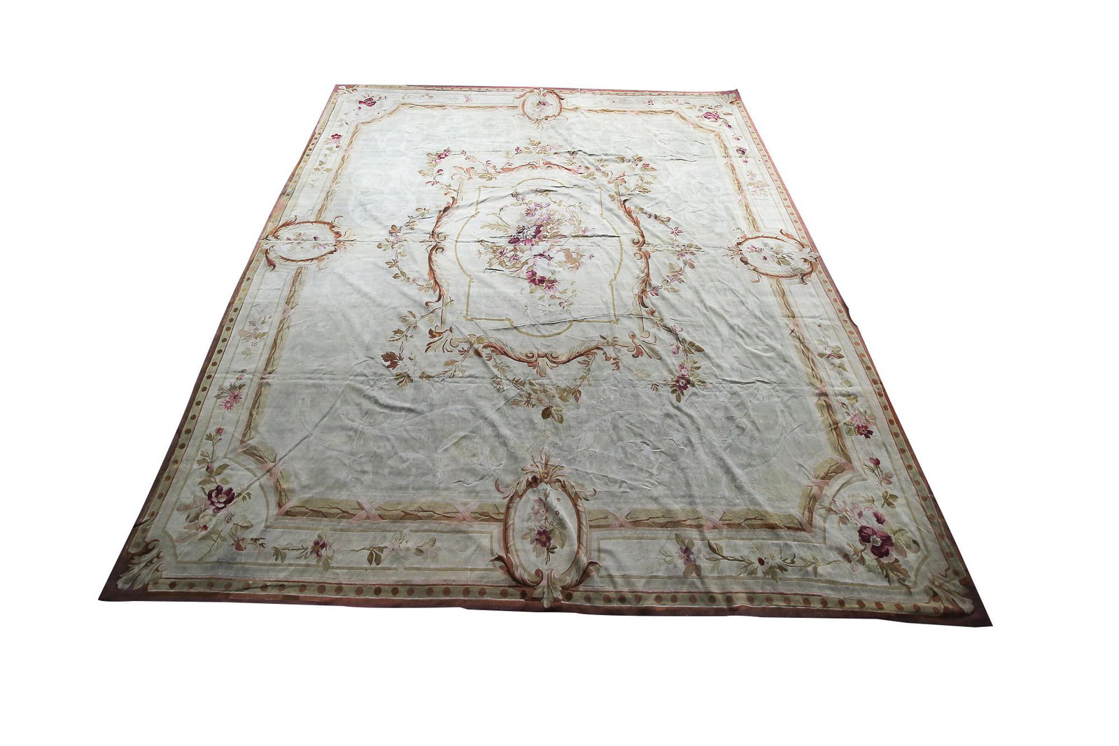 AUBUSSON TAPESTRY: Condition: with wear and separation throughout 13'7" x 13'3"