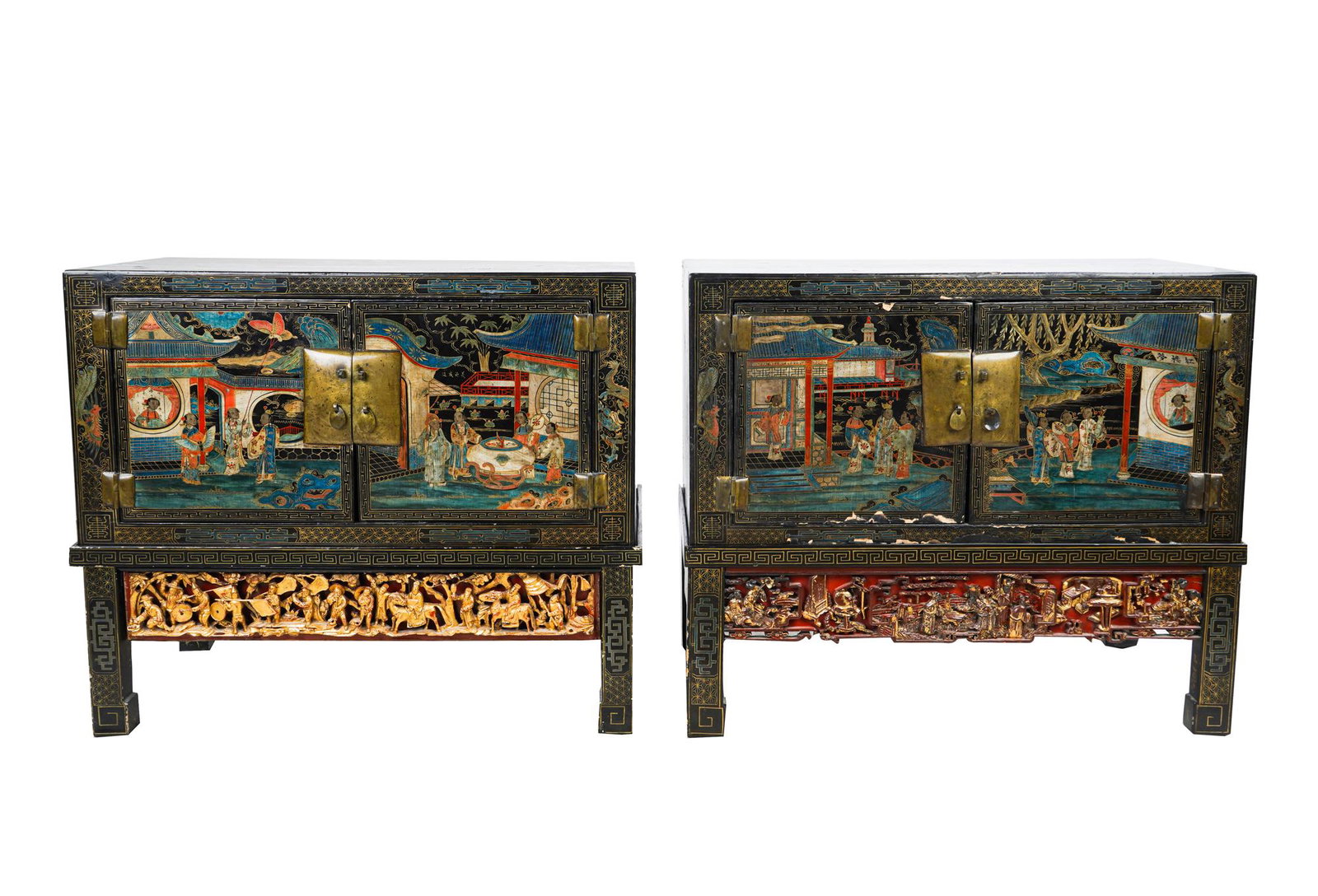 PAIR OF CHINESE CHESTS ON STANDS: Condition: with nicks and loss to lacquer and decoration throughout 33 1/2 inches wide; 19 inches deep; 28 1/2 total inches high; the chests: 16 1/2 inches high