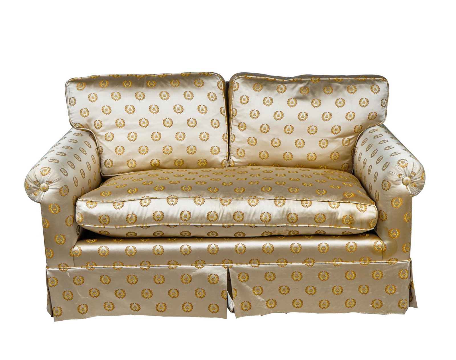 UPHOLSTERED LOVESEAT: with Napoleonic bee print Condition: with minor wear to upholstery and slight staining 60 inches wide; 34 inches deep; 32 1/2 inches high