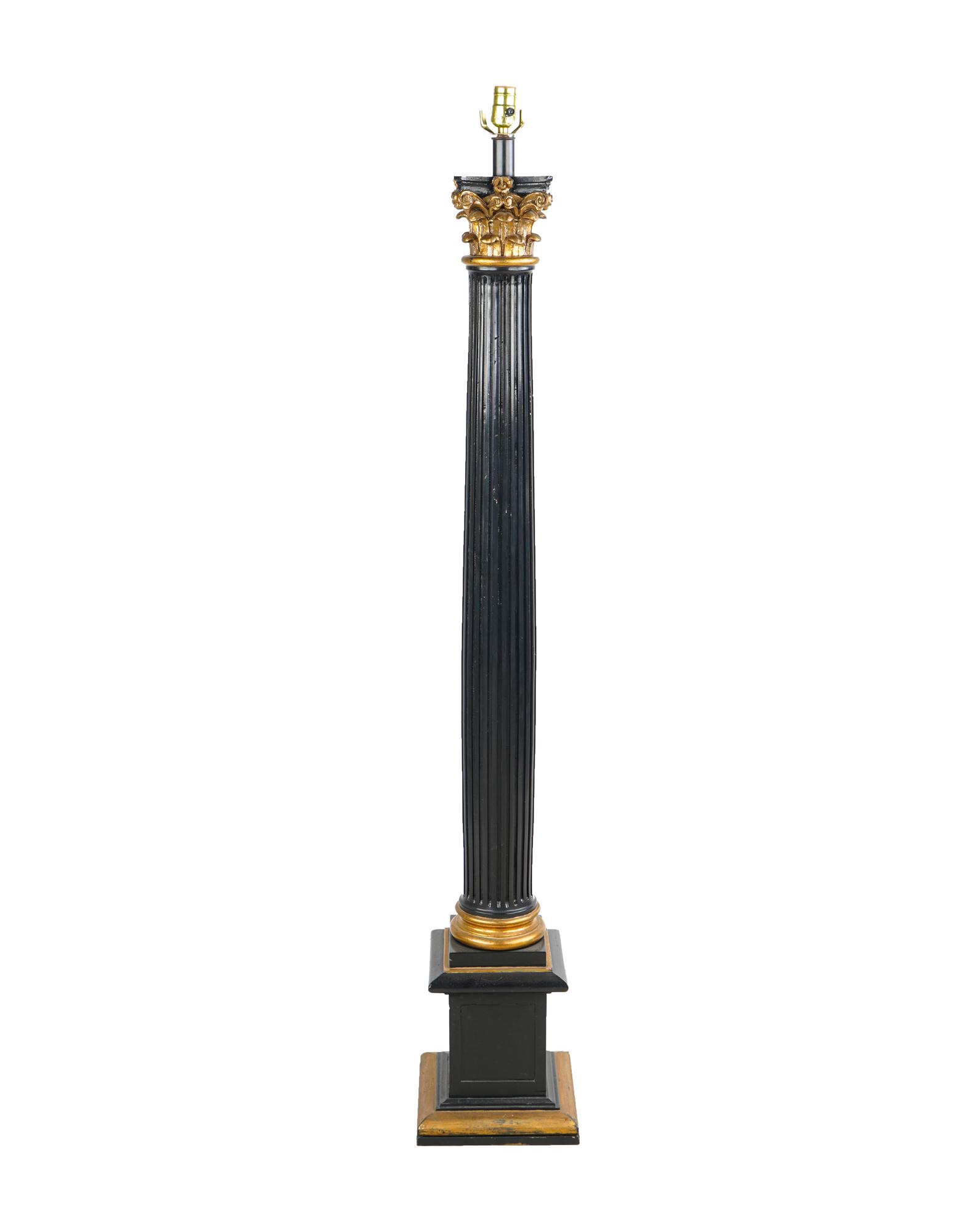 EBONY & PARCEL GILT TORCHIERE LAMP: late 20th Century 55 inches to top of pedestal