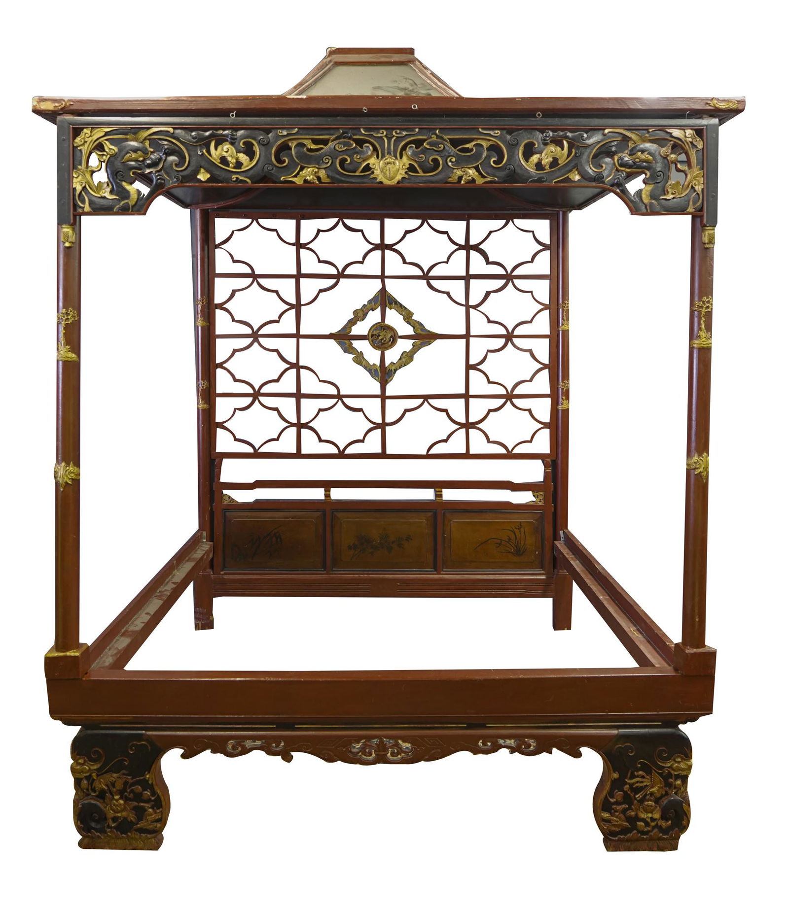 GEORGE IV-STYLE CHINOISERIE PAGODA-FORM CANOPY BED: similar in form to The Badminton Bed, attributed to William & John Linnell Condition: top is one solid canopy; loss to one panel of back fretwork; missing interior stretchers; modern hardware; paint l