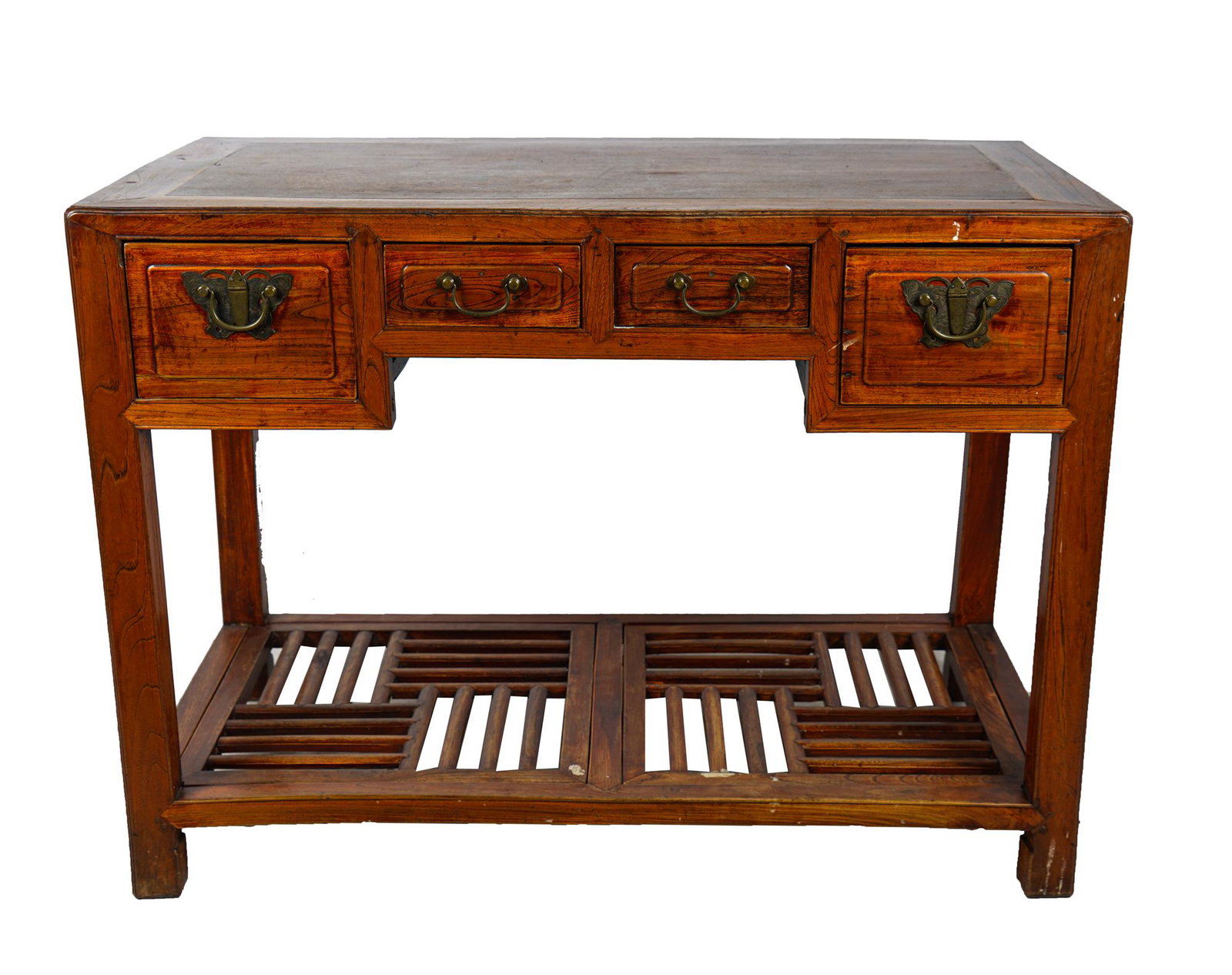 CHINESE ELM HALL TABLE: Condition: ring marks to top, in need of a cleaning 44 1/2 inches wide; 23 inches deep; 33 inches high