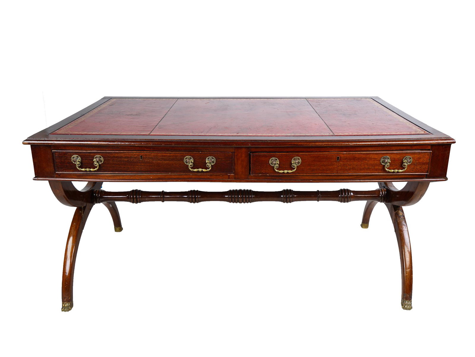 ENGLISH MAHOGANY WRITING TABLE: the lockplate stamped "Secure Lever 2" and "I.W.S.", with inset, gilt-tooled red leather writing surface over two drawers opposed by two false drawers Condition: wear to leather top and surface scratc