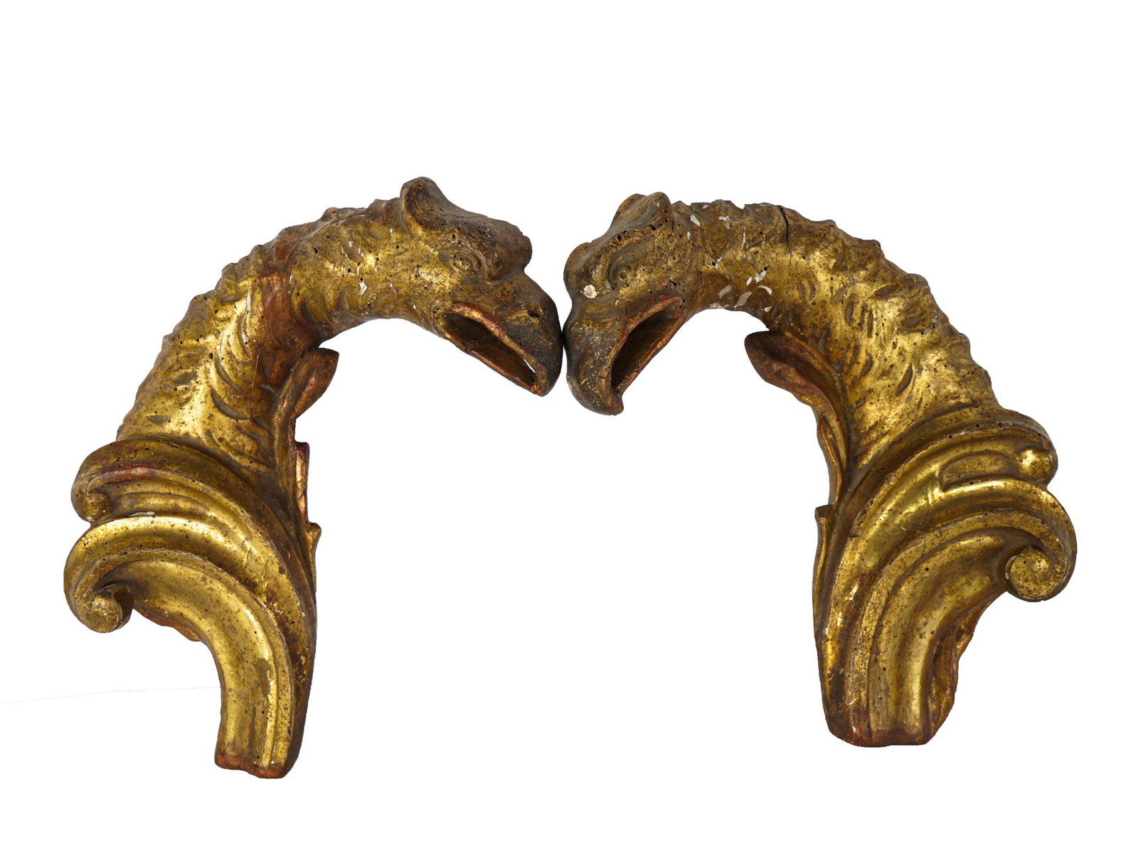 PAIR OF FIGURAL GILTWOOD BRACKETS: Condition: with loss to gilding throughout; beetle holes throughout each: 14 1/2 inches high