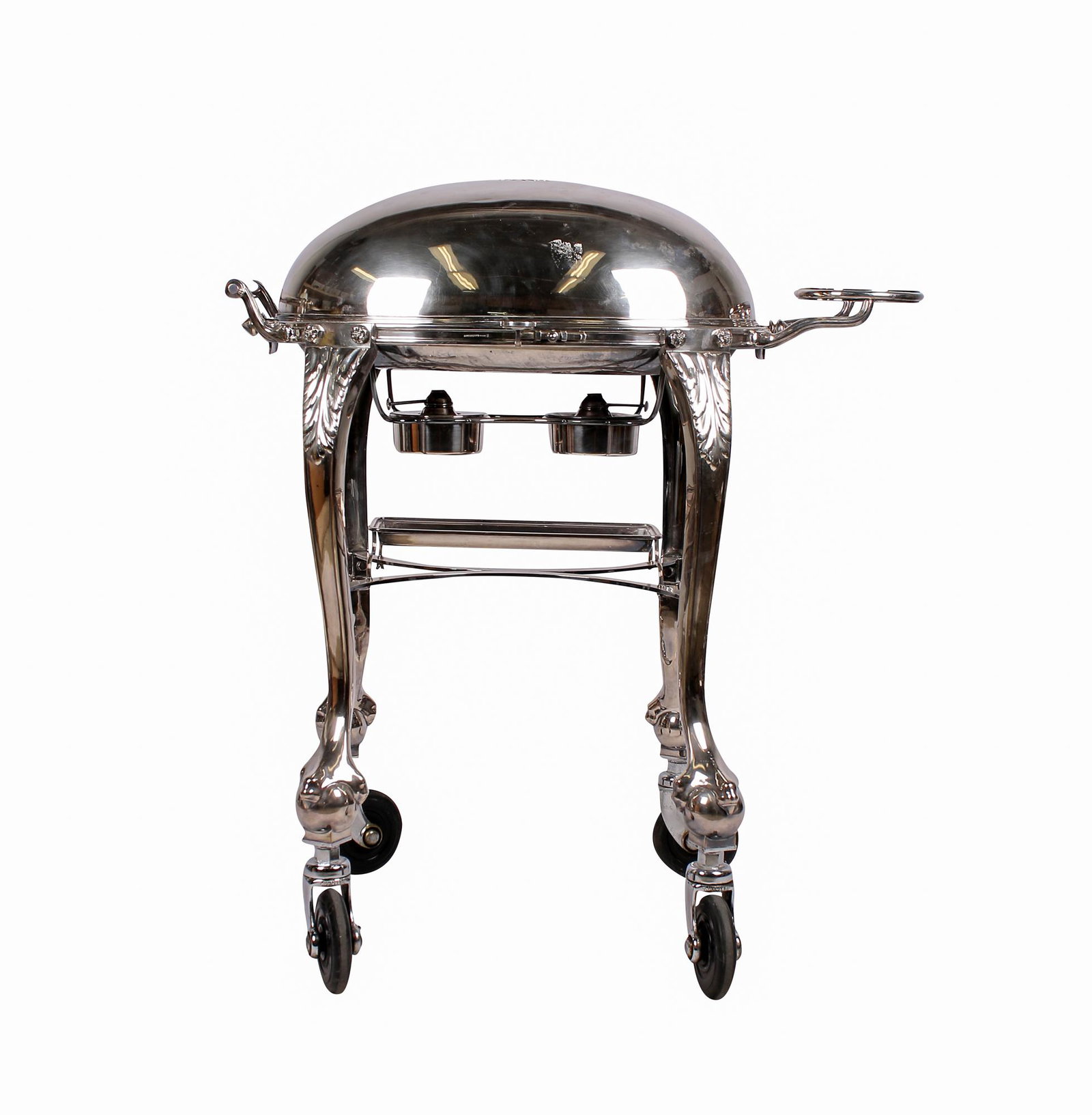 SILVER-PLATED ROAST CART: comprising two burners under removable two-handled tray, with two inserts, roast fork, and a spiked stand; the tray and the two inserts each marked for Elkington, England; the spiked stand marked "Wal