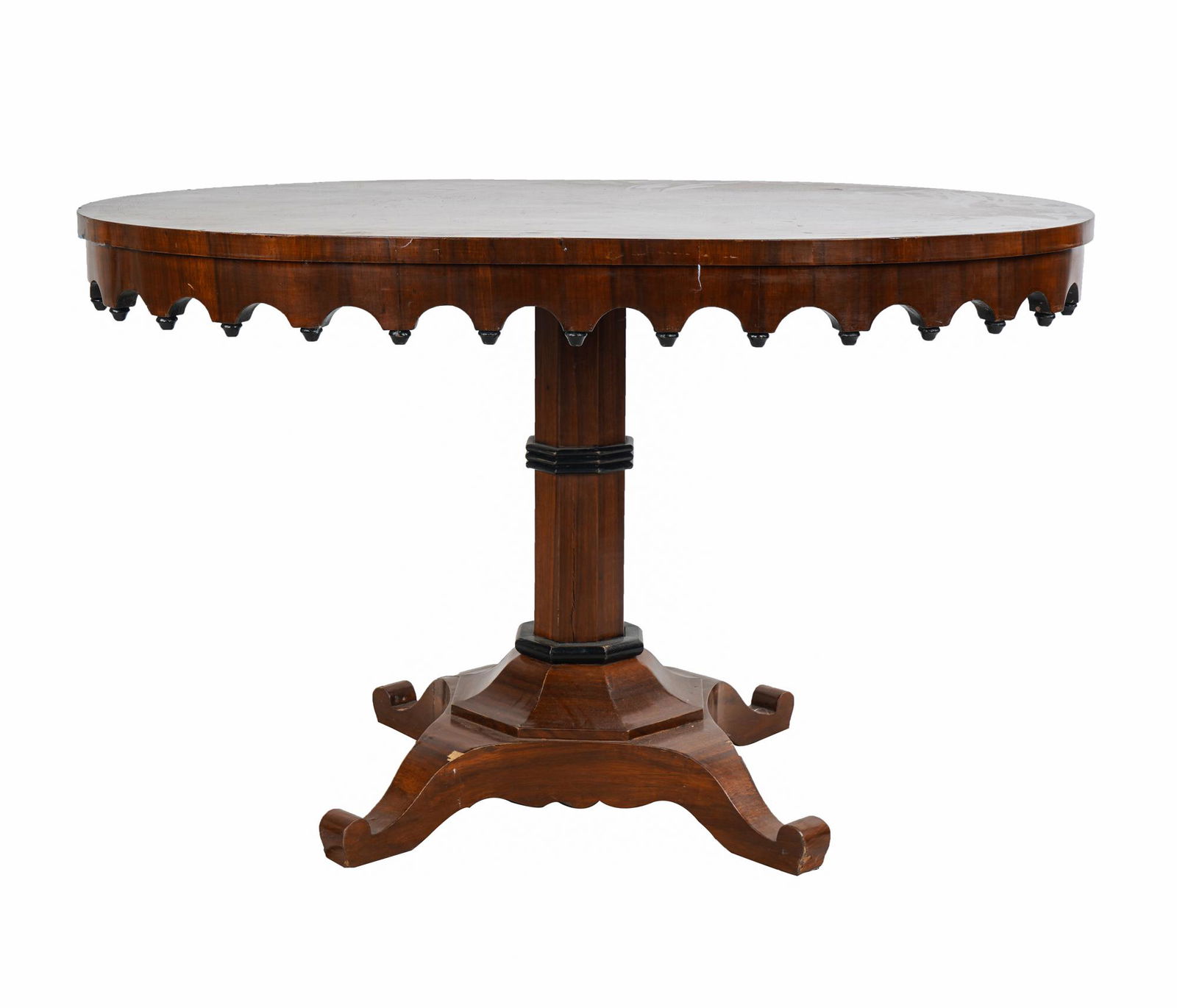 BIEDERMEIER OVAL CENTER TABLE: with banding to top Condition: nicks, chips, and loss to veneer throughout 47 1/2 inches wide; 31 inches deep; 29 1/4 inches high
