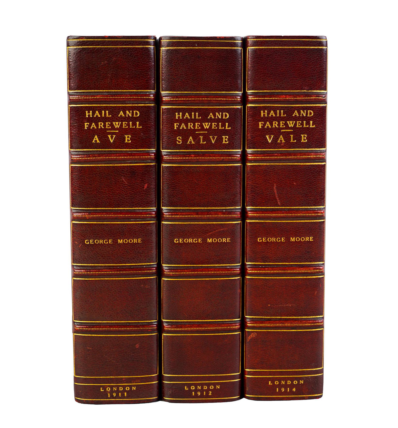 THREE VOLUMES: HAIL & FAREWELL, A TRILOGY: Moore, George"Hail and Farewell"comprising "Ave", Salve" and "Vale"London: William Heinemann, 1911 - 1914 [3 volumes]Condition: each with box sleeve