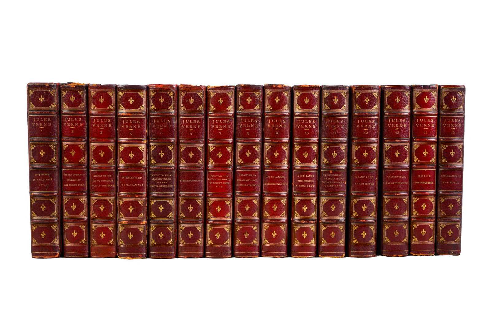 15 VOLUMES: WORKS OF JULES VERNE: Charles F. Horne, Editor New York, London: Vincent Parke and Company, 1911 Edition d'Amien, numbered 51 of 600 [15 volumes] Condition: with heavy wear to bindings