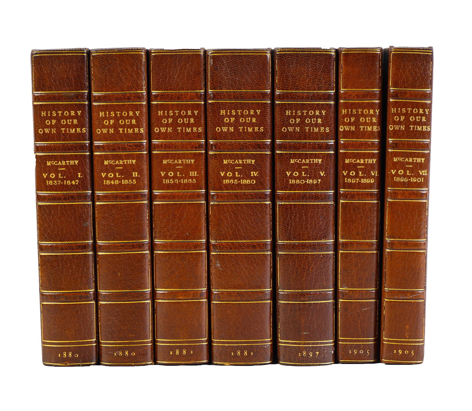 SEVEN VOLUMES: HISTORY OF OUR OWN TIMES: McCarthy, Justin"A History of Our Own Times, from the Accession of Queen Victoria to the General Election of 1880"London: Chatto & Windus, 1881[7 volumes]