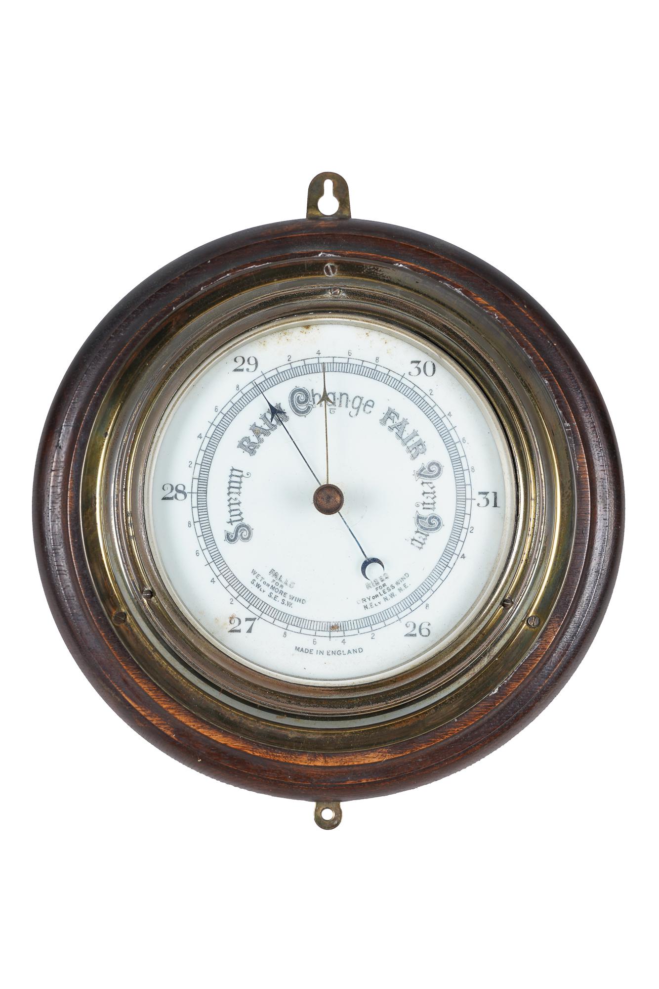 ENGLISH WOOD & BRASS BAROMETER (1 of 9)