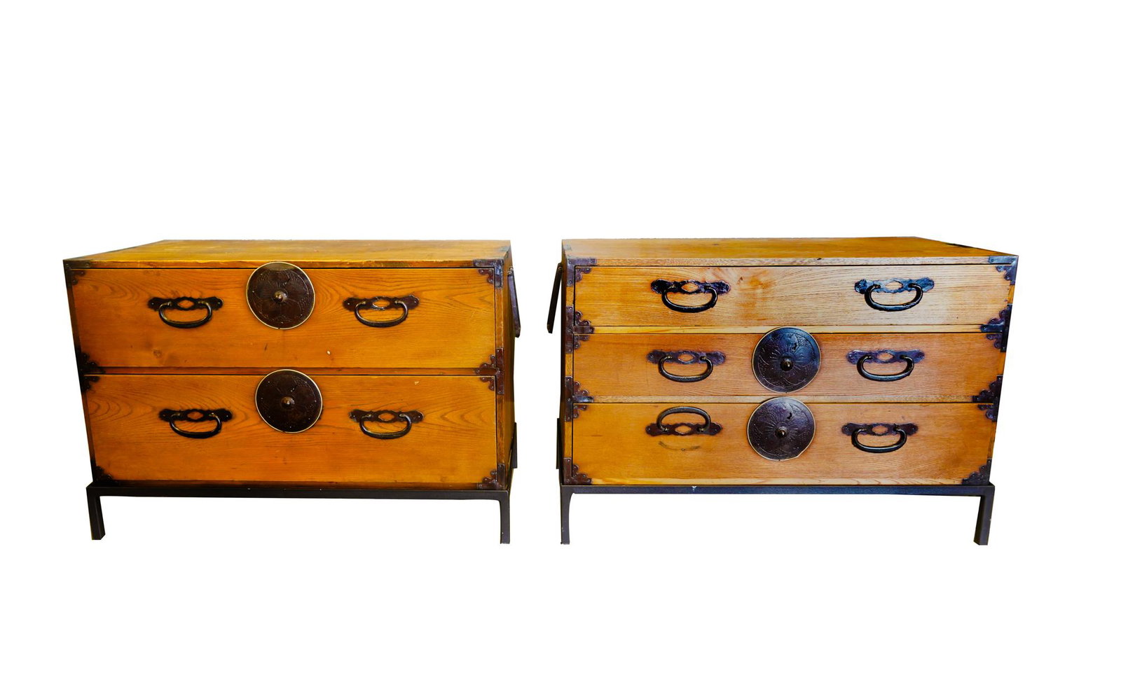 PAIR OF TANSU CHESTS ON IRON BASES: Condition: with surface scratches and wear commensurate with age 33 1/2 inches wide; 16 1/4 inches deep; 22 3/4 inches high