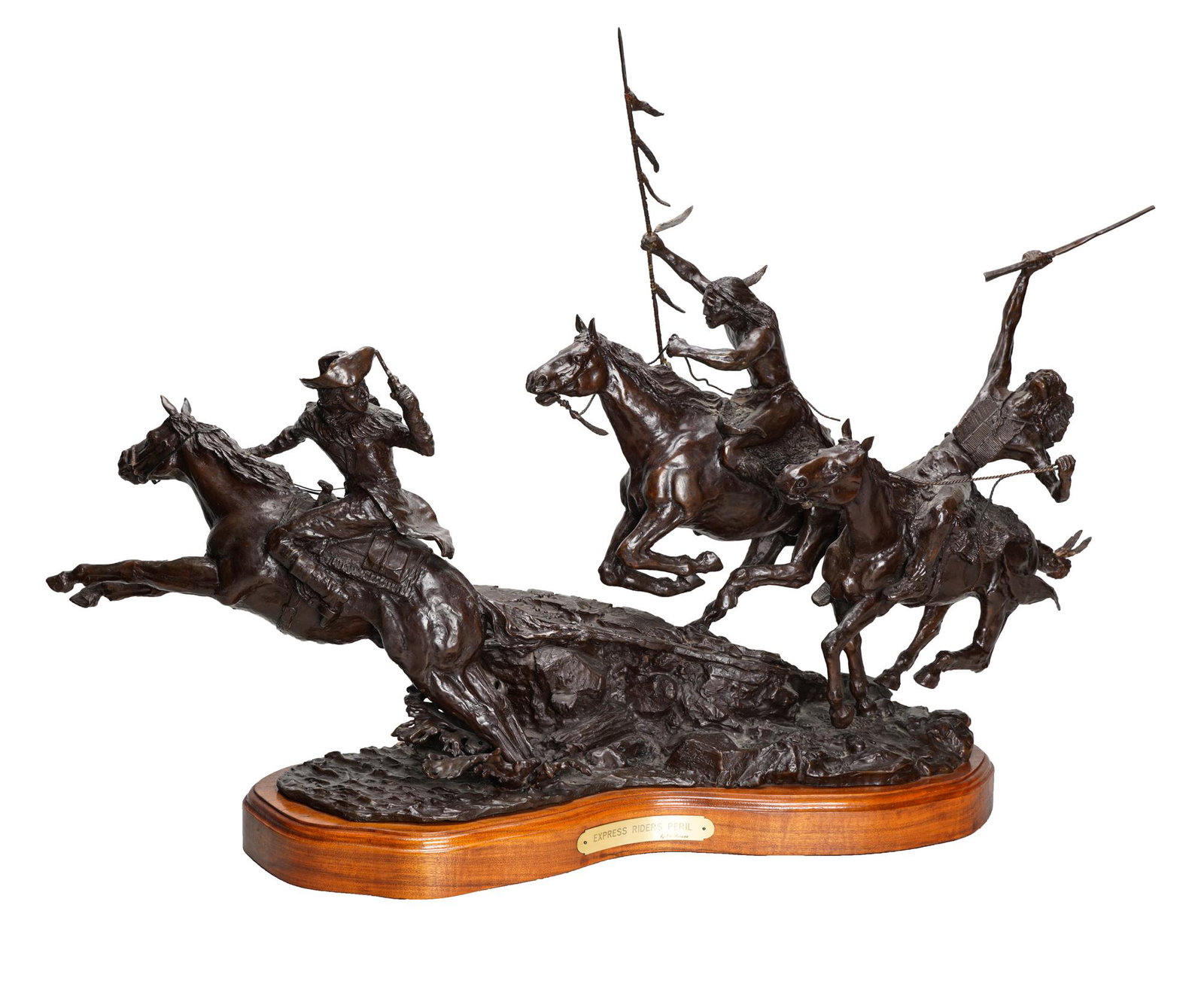 VIC RIESAU: "EXPRESS RIDERS PERIL": bronze signed and numbered 1/25 in casting resing on a base with placard the bronze: 36 inches wide; 22 1/4 inches wide