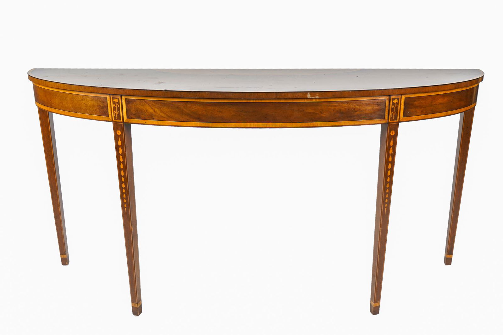 SHERATON STYLE MAHOGANY & SATIN BAND CONSOLE: Condition: ring marks and general scratches to top, small area of veneer loss to front center; nicks and wear to legs Provenance: The Estate of Barron Hilton 68 inches wide; 18 inches deep; 33 1/2 inc