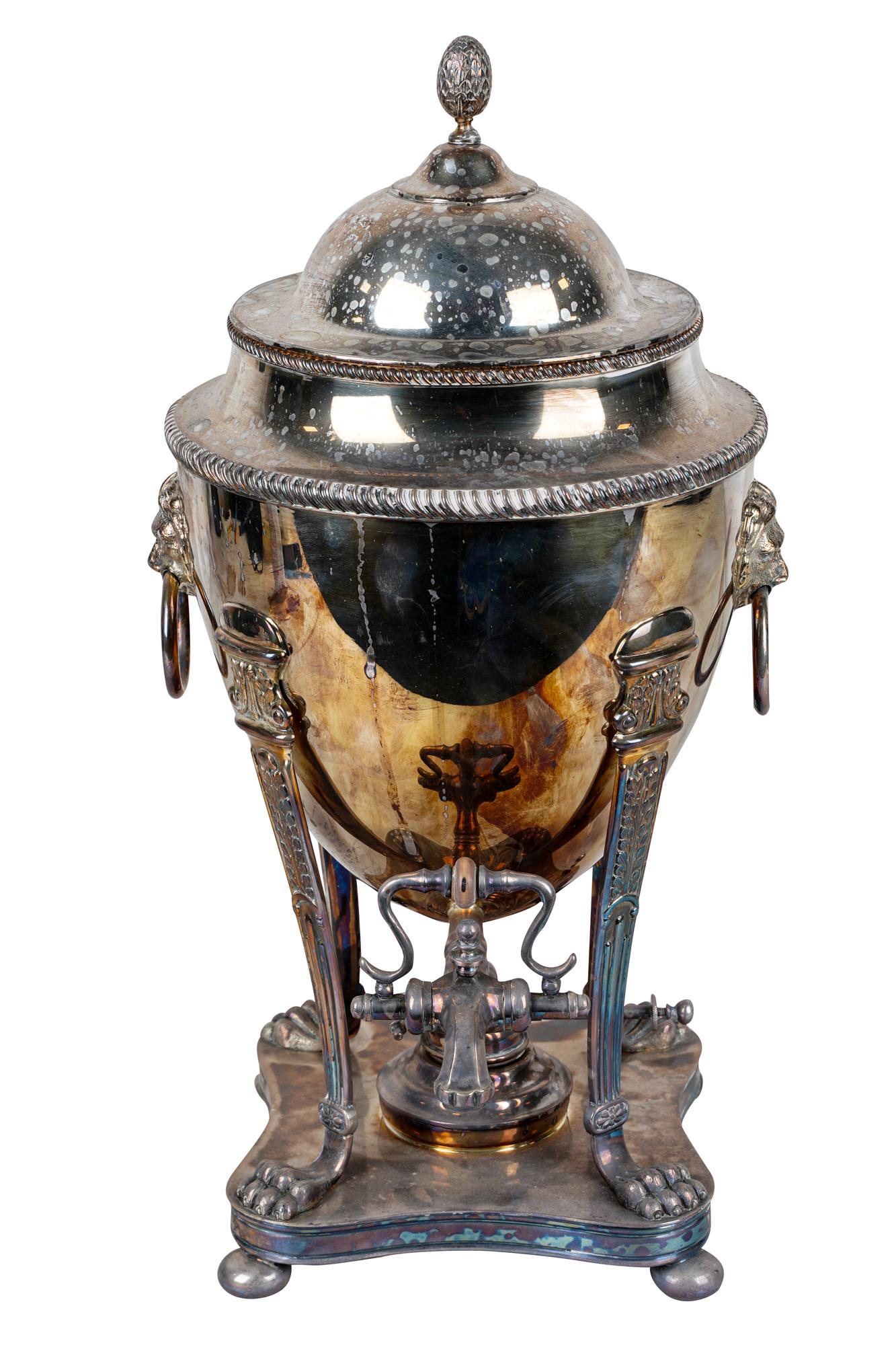 SILVERPLATE HOT WATER URN: mark of Ellis-Barker Silver Co., with cover and burner Provenance: The Estate of Barron Hilton 19 inches high
