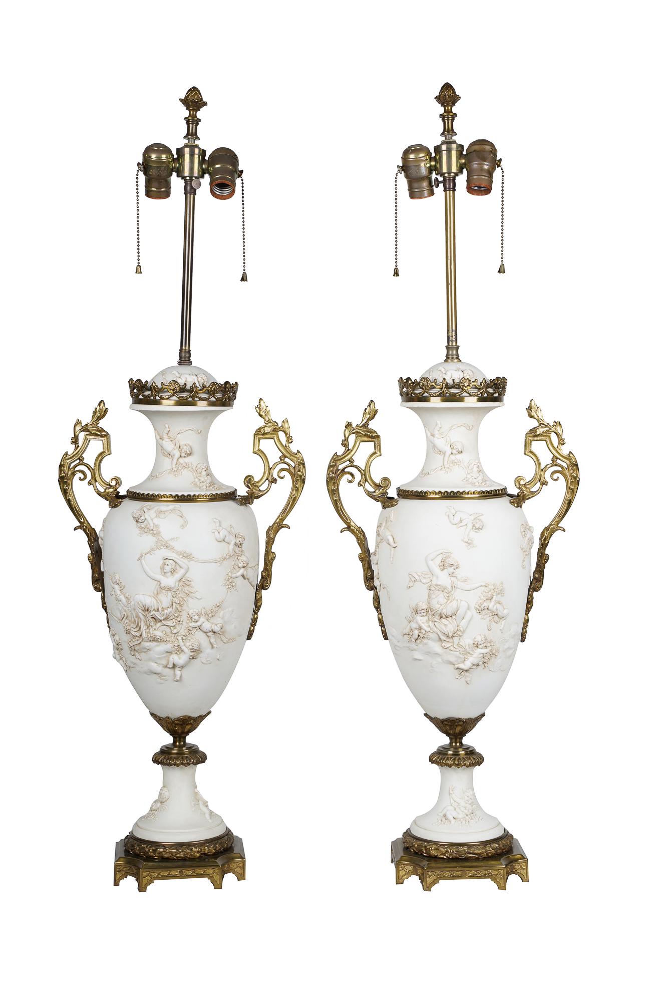 PAIR OF BISQUE PORCELAIN URNS (1 of 18)