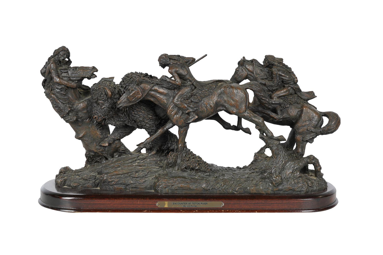 JIM PONTER: "ENCOUNTER AT TETON RIVER": composition on wood plinth signed in casting Provenance: The Estate of Barron Hilton the sculpture: 17 1/2 inches wide; 8 1/2 inches high