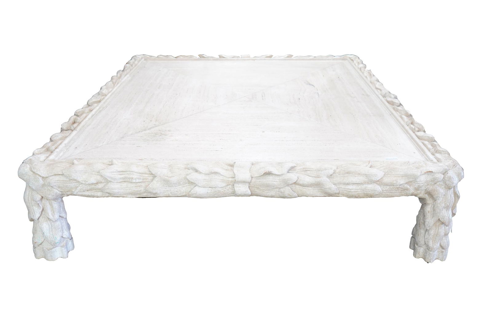 MONUMENTAL CARVED WOOD & TRAVERTINE COFFEE TABLE (1 of 9)
