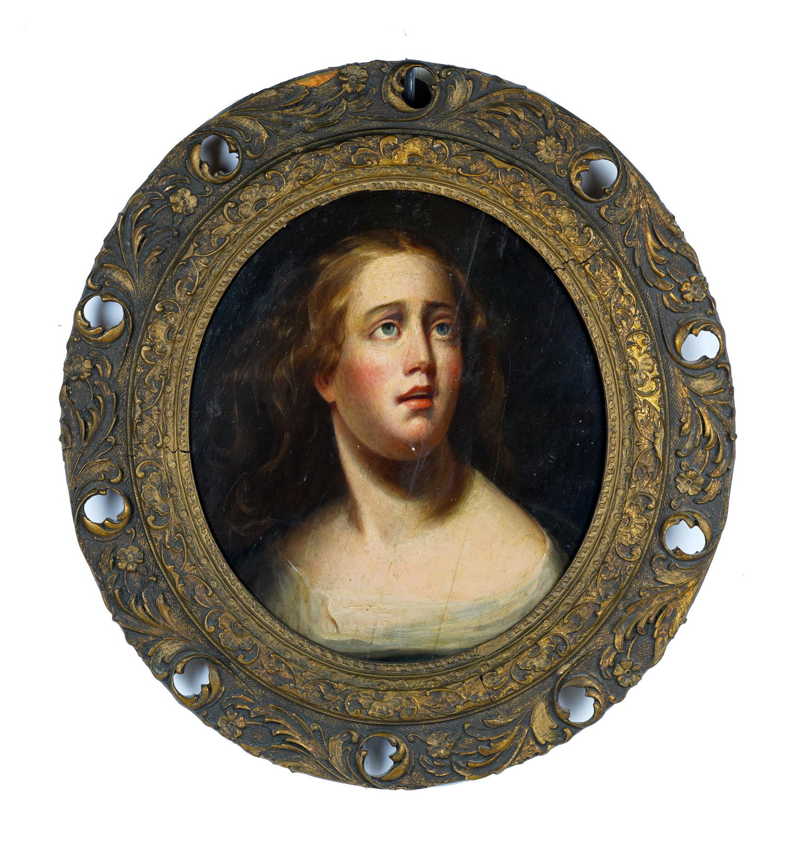 CONTINENTAL SCHOOL: "PORTRAIT OF A WOMAN": oil on wood board in a gilt frame 18 1/2 x 16 1/4 inches