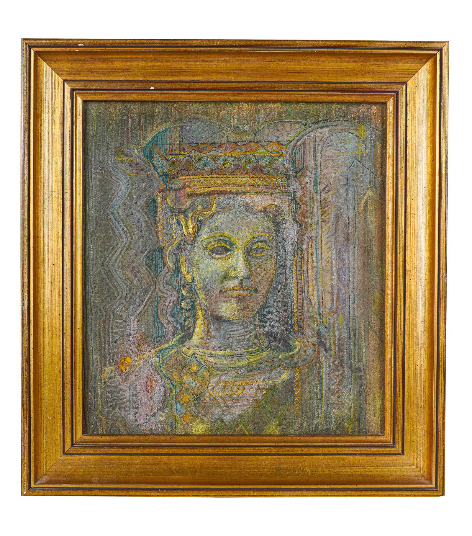 ELIZABETH HARDING: "ROMANESQUE": mixed media signed and titled verso 10 1/2 x 9 1/2 inches sight