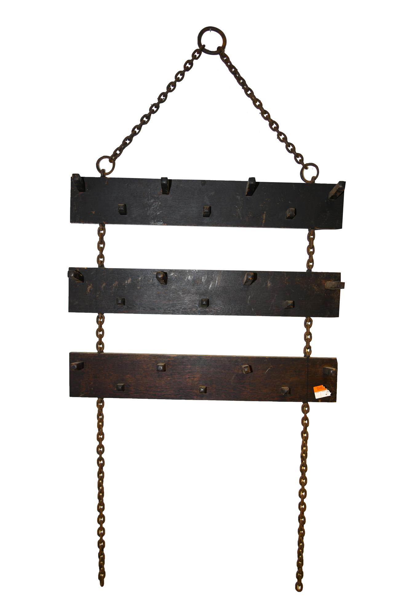 WOOD & IRON CHAIN HANGING RACK: with oak shelves 44 inches wide