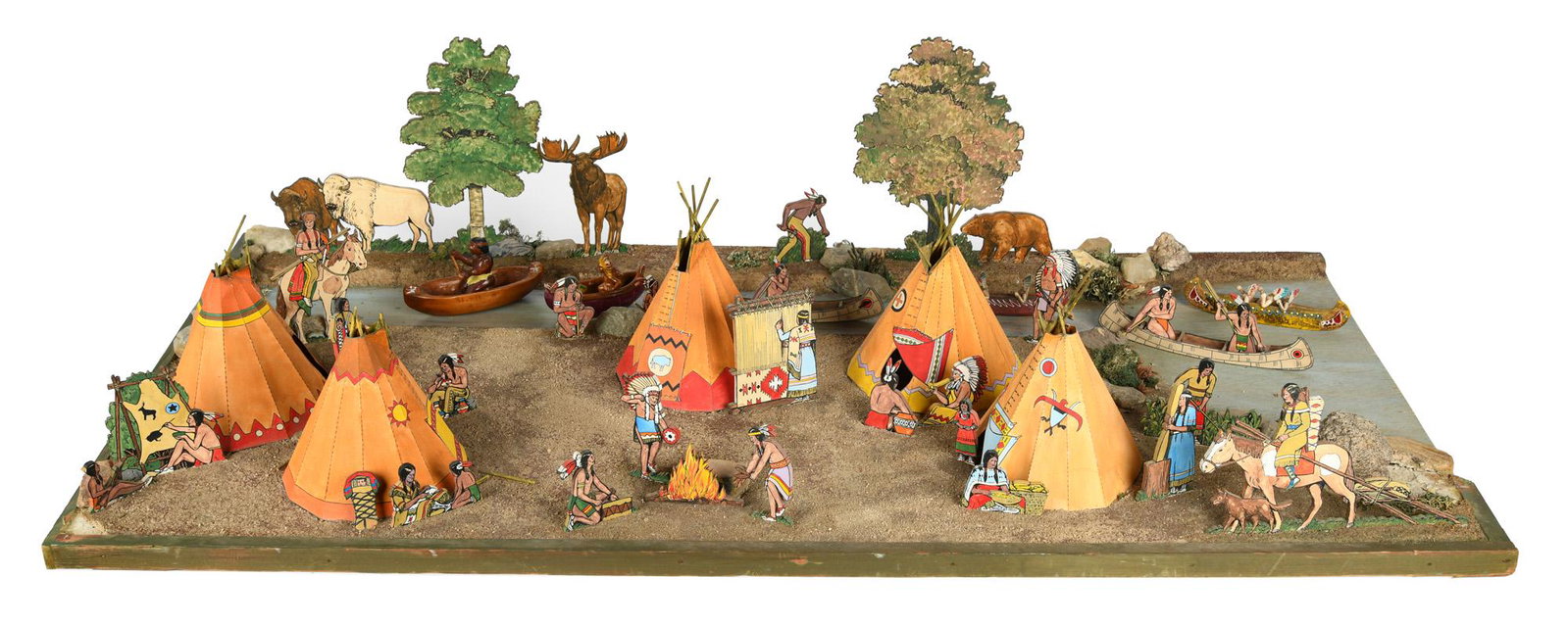 NATIVE AMERICAN & WESTERN THEME FOLK ART DIORAMA: circa mid-20th Century painted wood, plastic, paper and mixed media includes four dissimilar canoes with figures depicting a Native American society of families in the foreground, with a moose, a bear