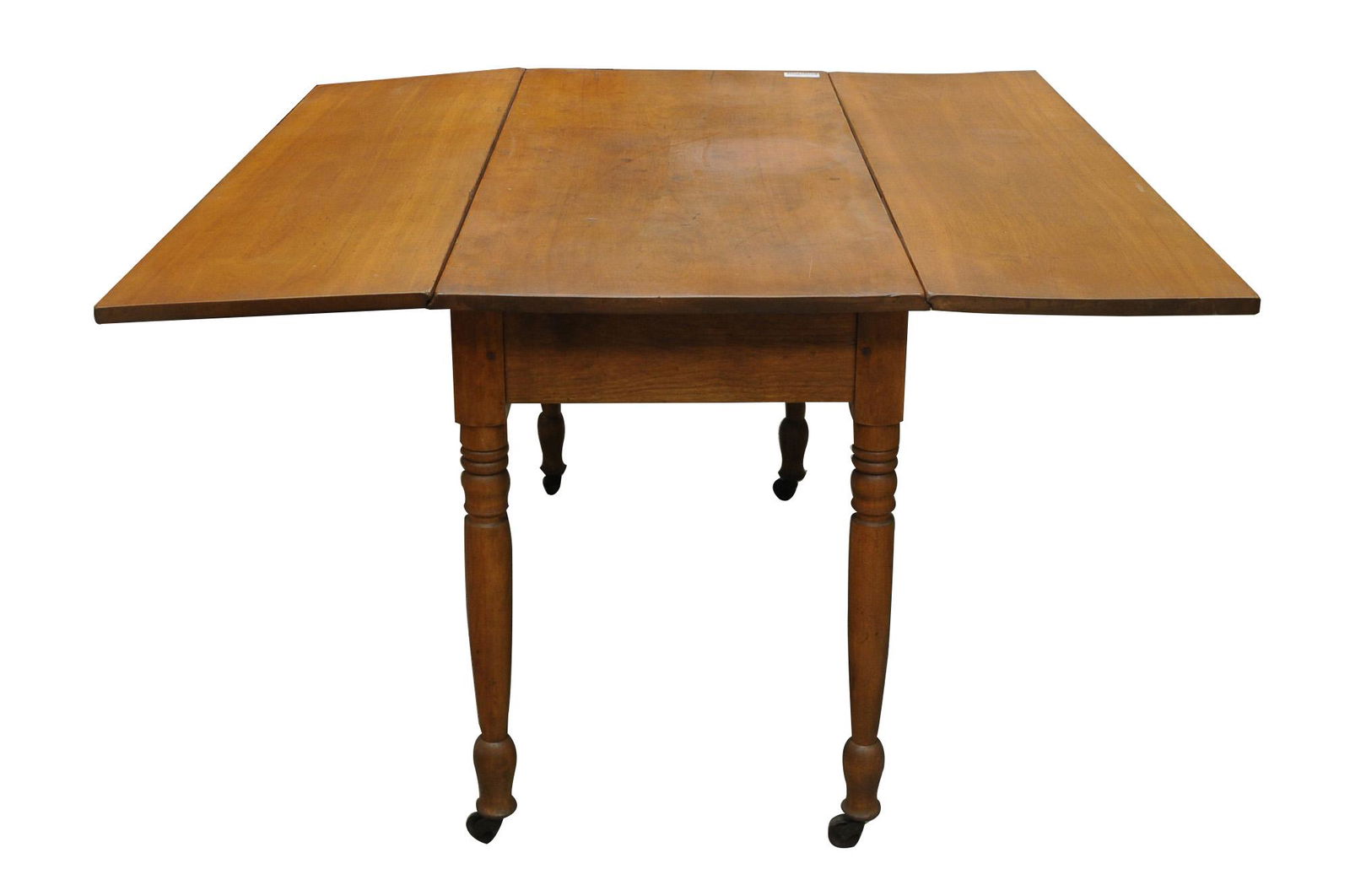 AMERICAN DROP LEAF DINETTE TABLE: Condition: losses to wood finish on edges of drop leaf and splitting to main board unextended: 47 inches wide; 21 inches deep; 29 inches high