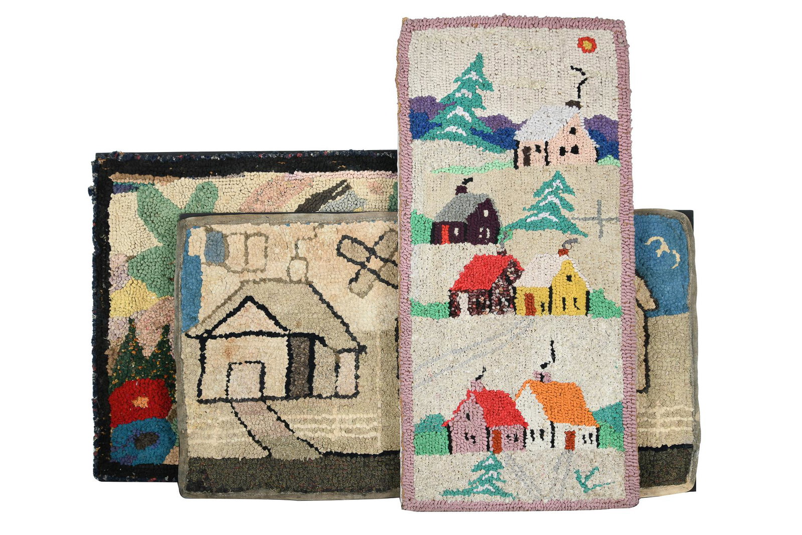 THREE FRAMED HOOKED RUGS: each depicting houses Provenance: narrow rug with label verso: Gallery of Graphic Arts, LTD. Condition: each with loss throughout ranging from 27 x 12 1/2 to 19 1/2 x 29 inches