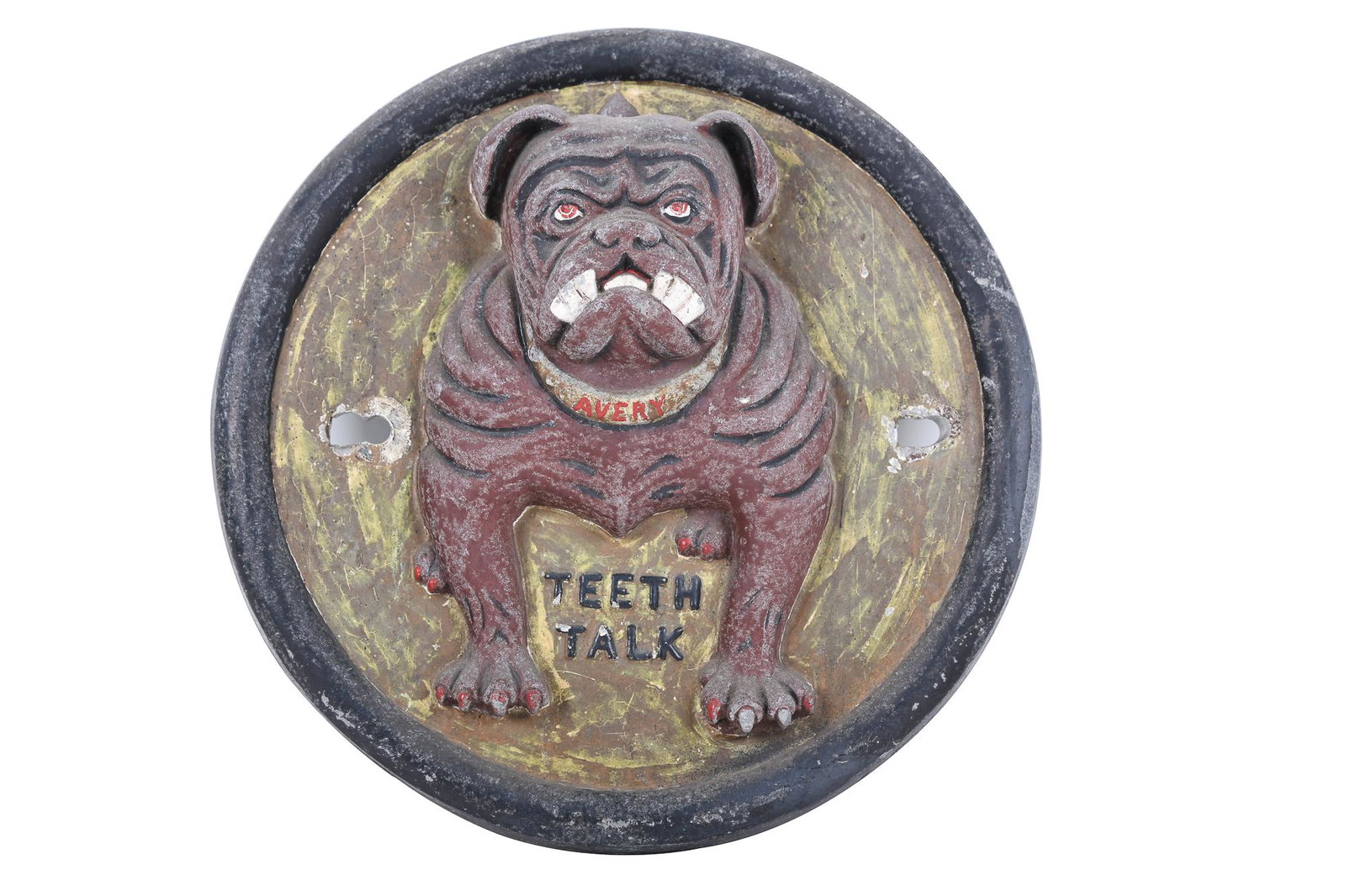 TEETH TALK BULLDOG ROUNDEL: circa 20th Century painted iron stamped 1791 underside Condition: with paint loss throughout 11 1/2 inches diameter