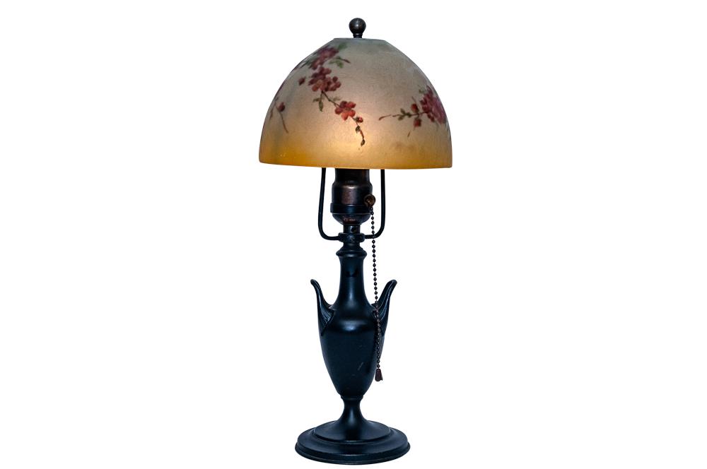 HANDEL & PAIRPOINT TABLE LAMP: circa 1920's assembled lamp reverse painted "chipped ice" glass shade with a patinated metal base shade depicting flowers and birds shade signed HANDEL-7153 base signed PAIRPOINT D3024 Condition: with