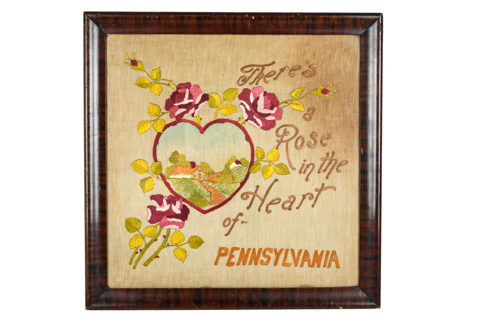 THERE'S A ROSE IN THE HEART OF PENNSYLVANIA SAMPLER: needlework Condition: with discoloration throughout 17 3/4 x 17 3/4 inches