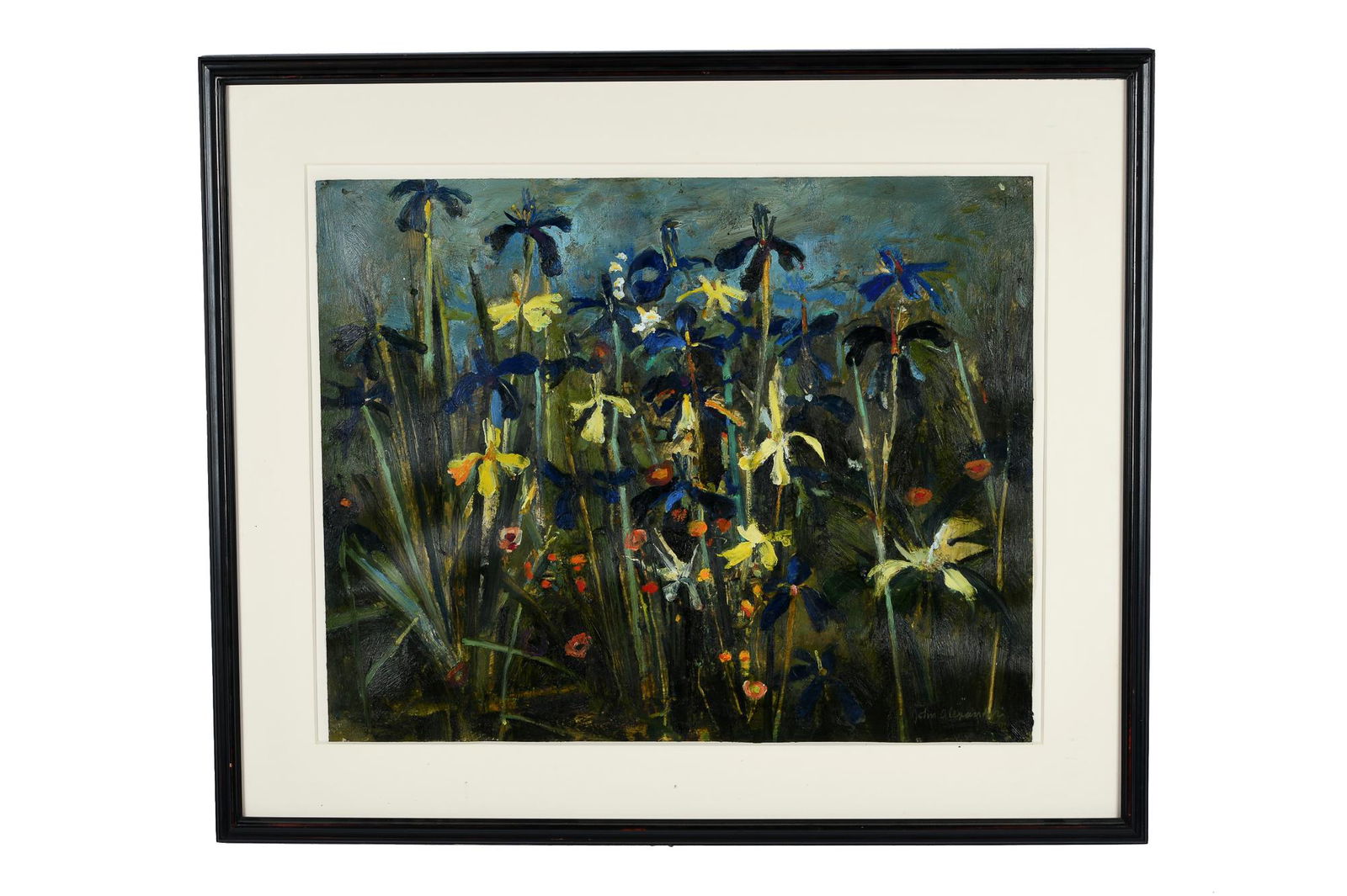 JOHN ALEXANDER: "LILIES AND IRISES": circa late 20th Century oil on paper signed lower right 23 x 28 1/2 inches