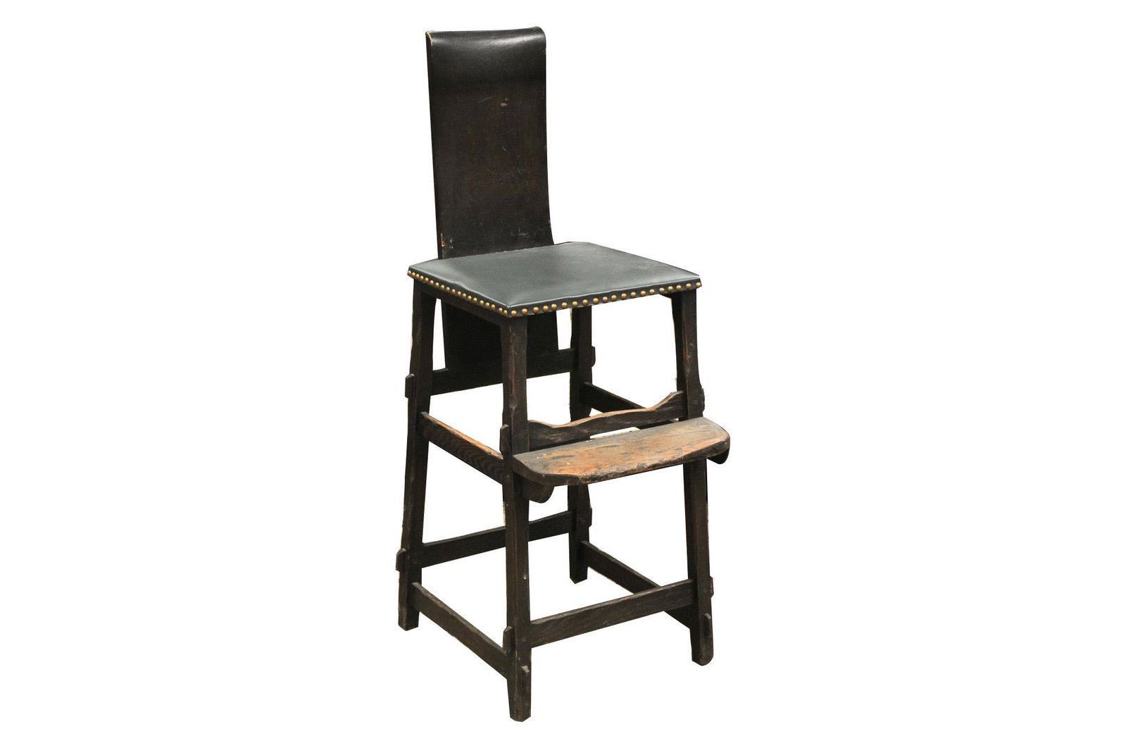 ARTS AND CRAFTS STYLE HIGH CHAIR: circa early 20th Century ebonized wood with a leather seat 44 1/2 inches high