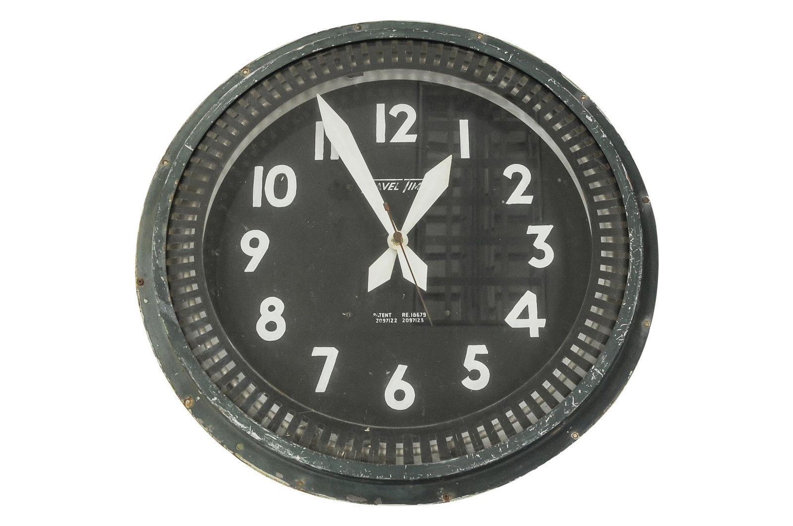 TRAVEL TIME WALL CLOCK: circa mid-20th Century painted metal Condition: weathered and with loss to paint throughout 26 inches diameter