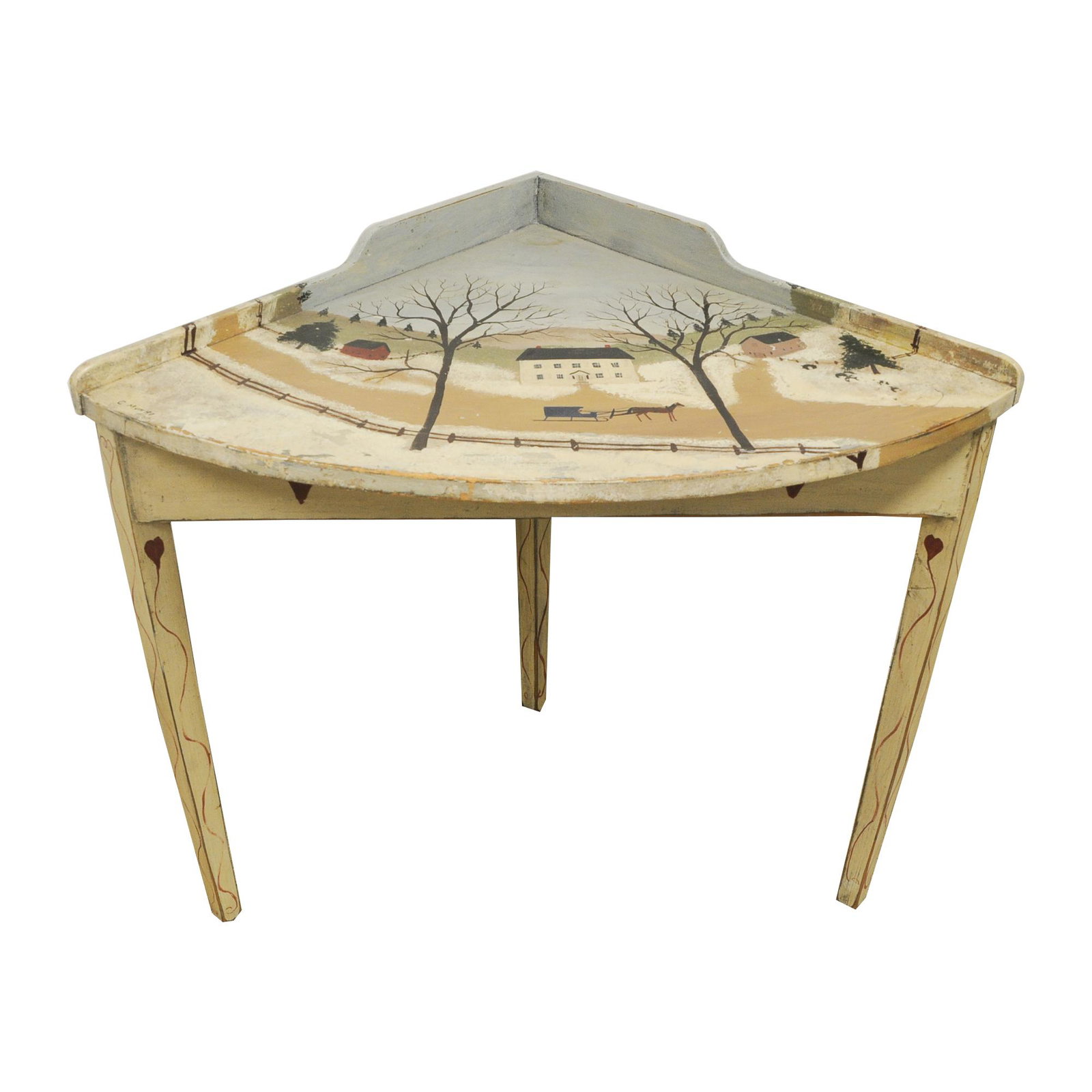 CHARLES MUNRO: PAINTED SIDE TABLE: depicting a winter landscape legs with heart decoration signed and dated illegibly on top lower left Condition: top splitting above connection to one leg; light paint loss to top 34 1/2 inches high; 2