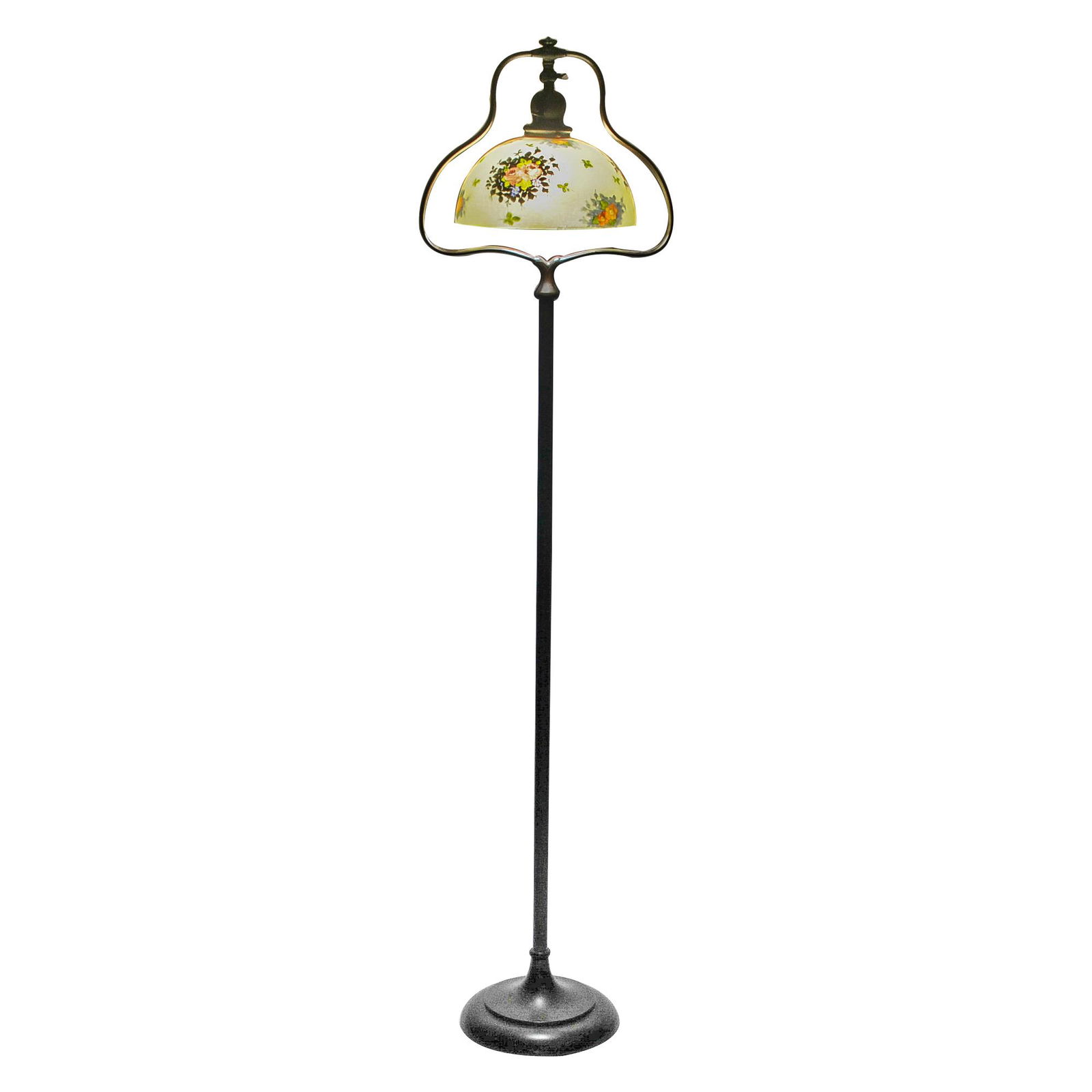 HANDEL ROSE SPRAYS FLOOR LAMP: circa 1924 reverse-painted "chipped ice" shade with polychrome flower sprays on yellow ground, patinated metal bell form base shade signed HANDEL 7176 RG Condition: no chips or cracks to shade 56 tota